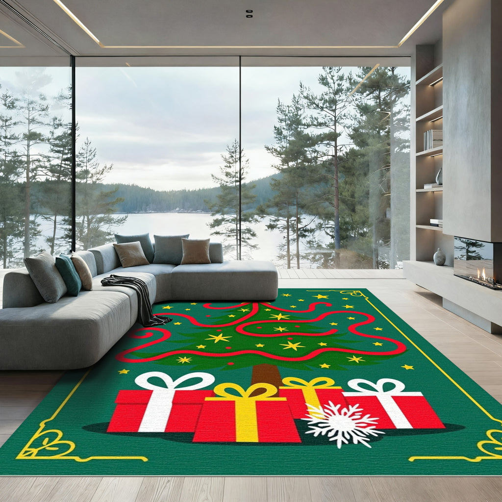 Green Christmas Tree Gifts Yellow Stars Rug