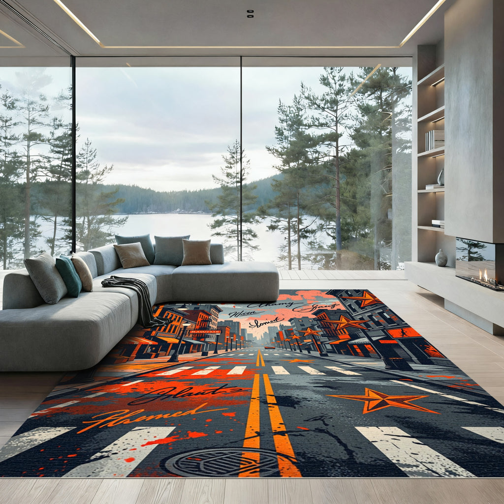 Urban Orange Star Street Splatter Rug