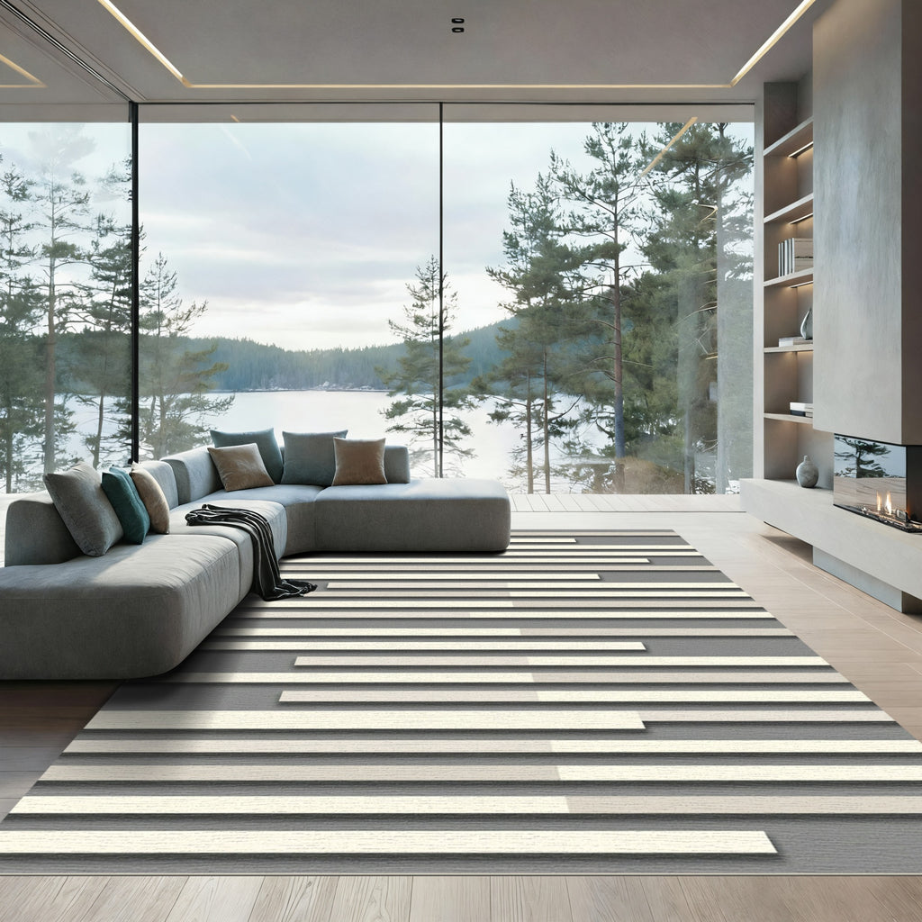Minimalist Neutral Gray Layered Linear Rug