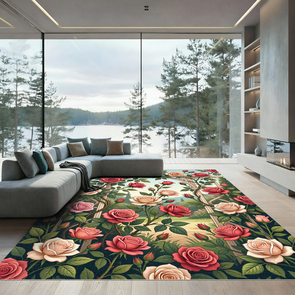 Romantic Crimson Cream Rose Trellis Rug