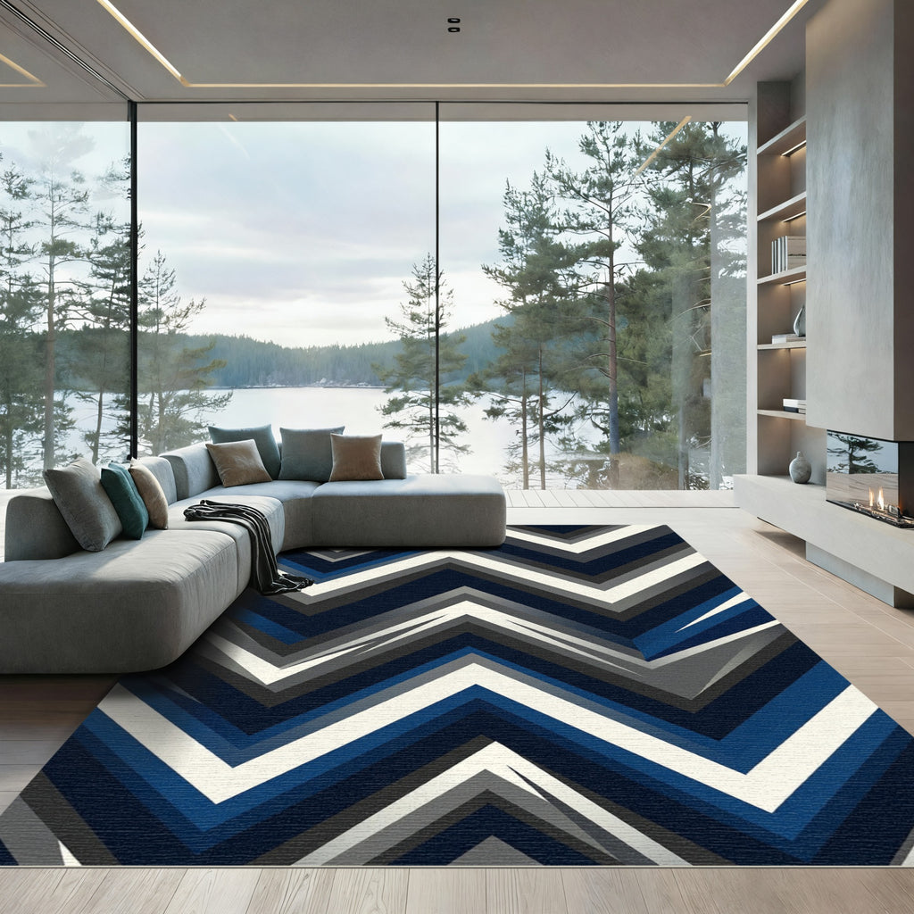 Modern Navy Grey Chevron Geometric Art Rug