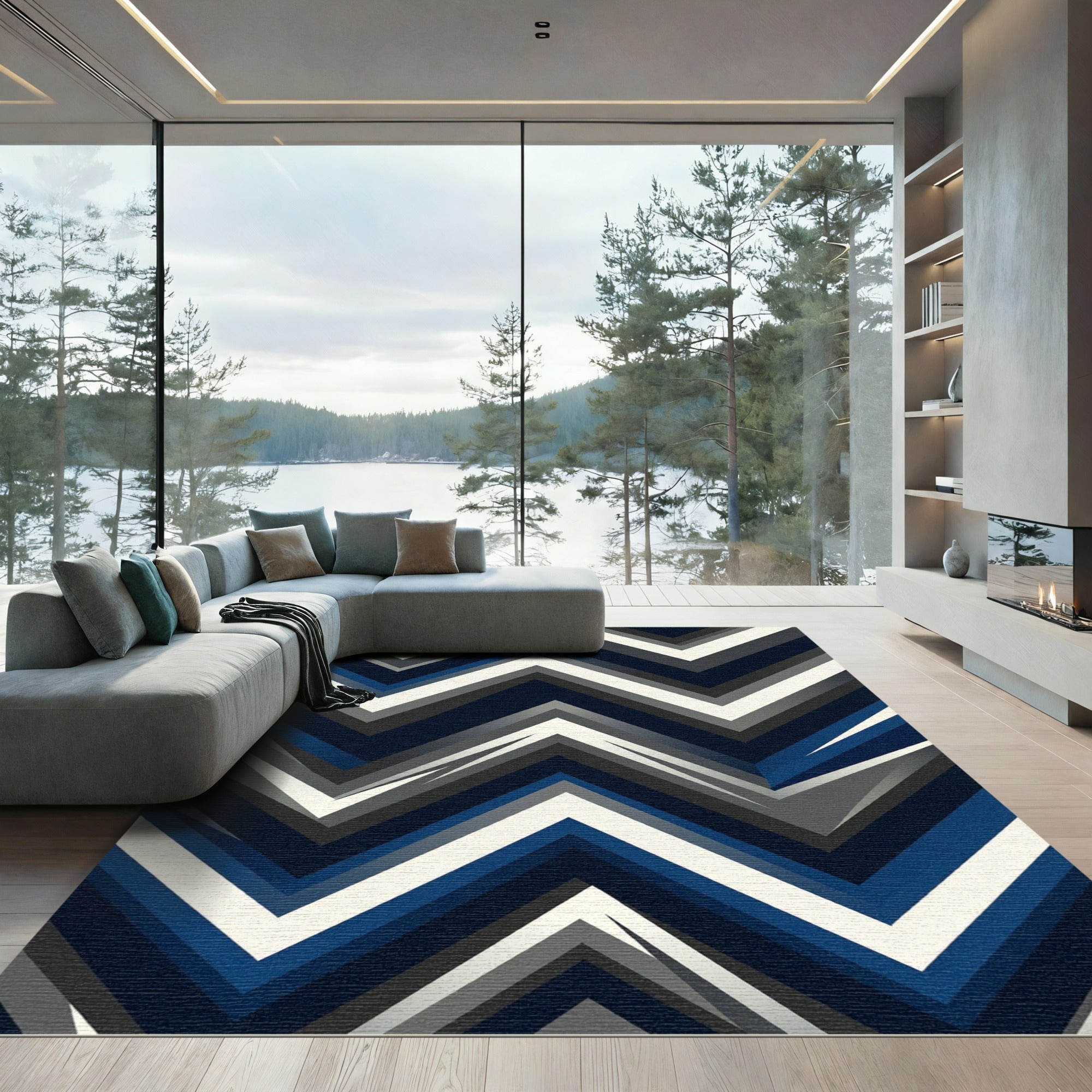 Modern Navy Grey Chevron Geometric Art Rug