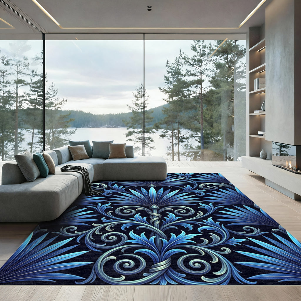Ombre Blue Exotic Botanical Scroll Rug