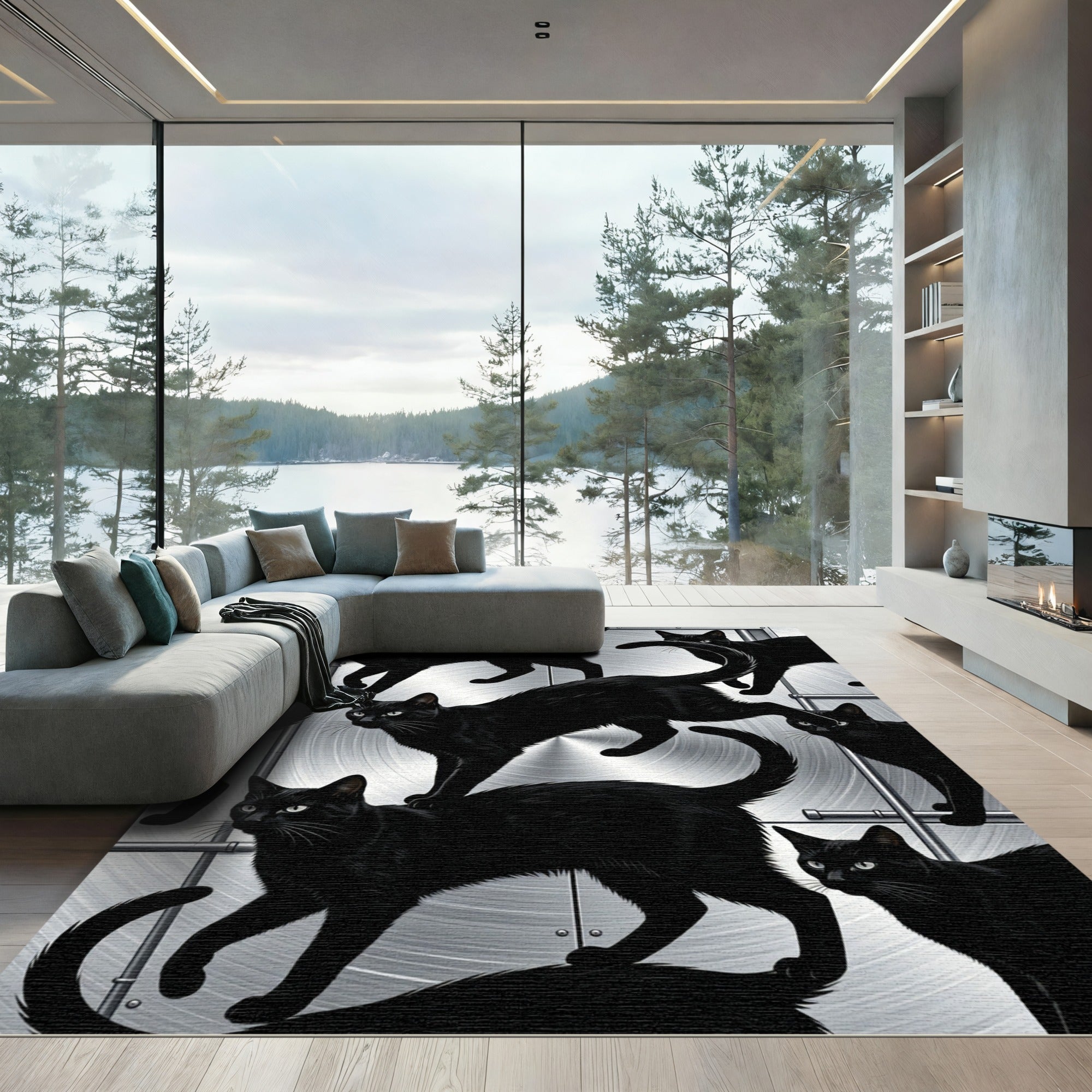 Black Cats On Brushed Metal Background Rug
