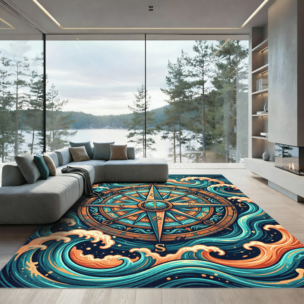Nautical Compass and Radiant Waves Rug