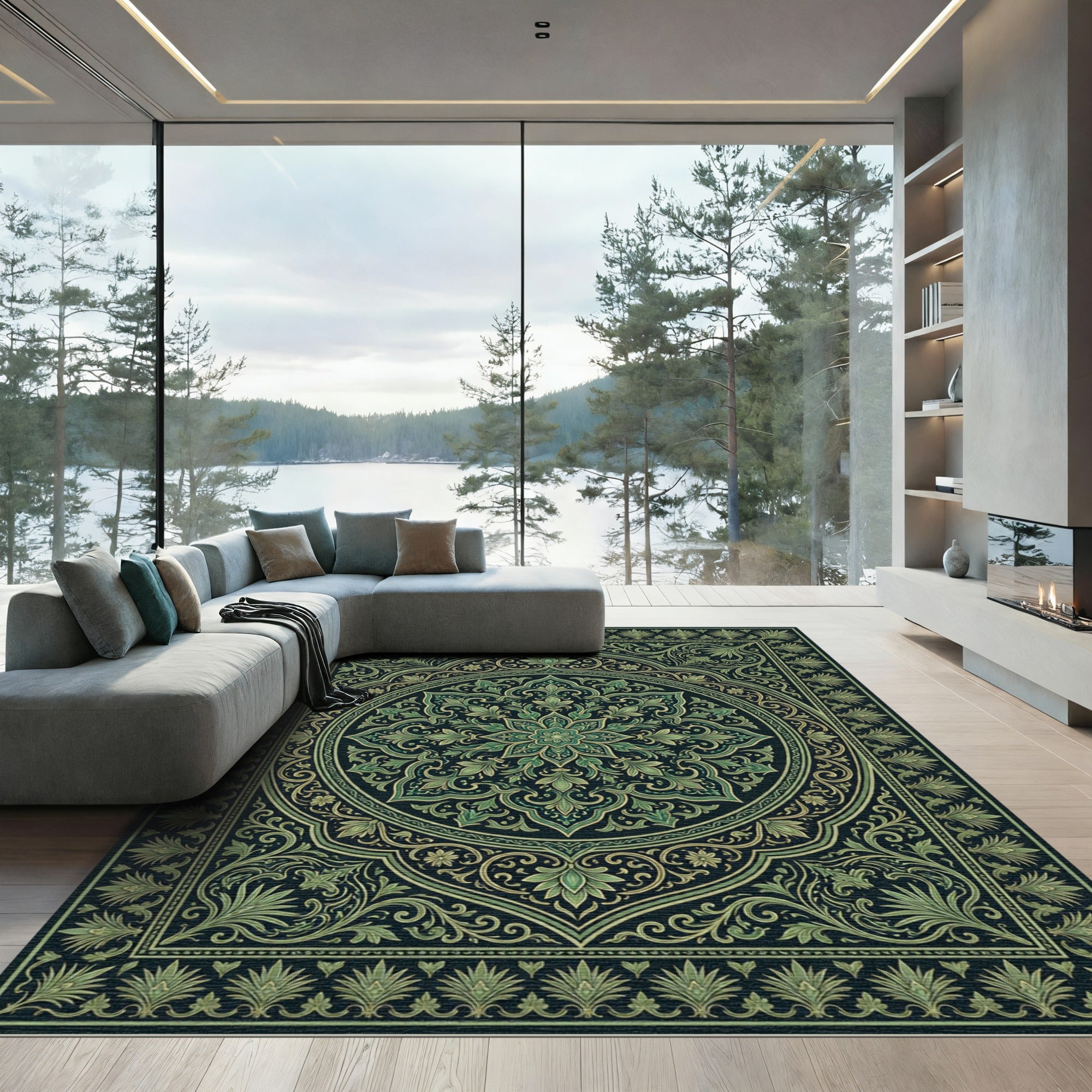 Emerald Green Floral Medallion Frame Rug