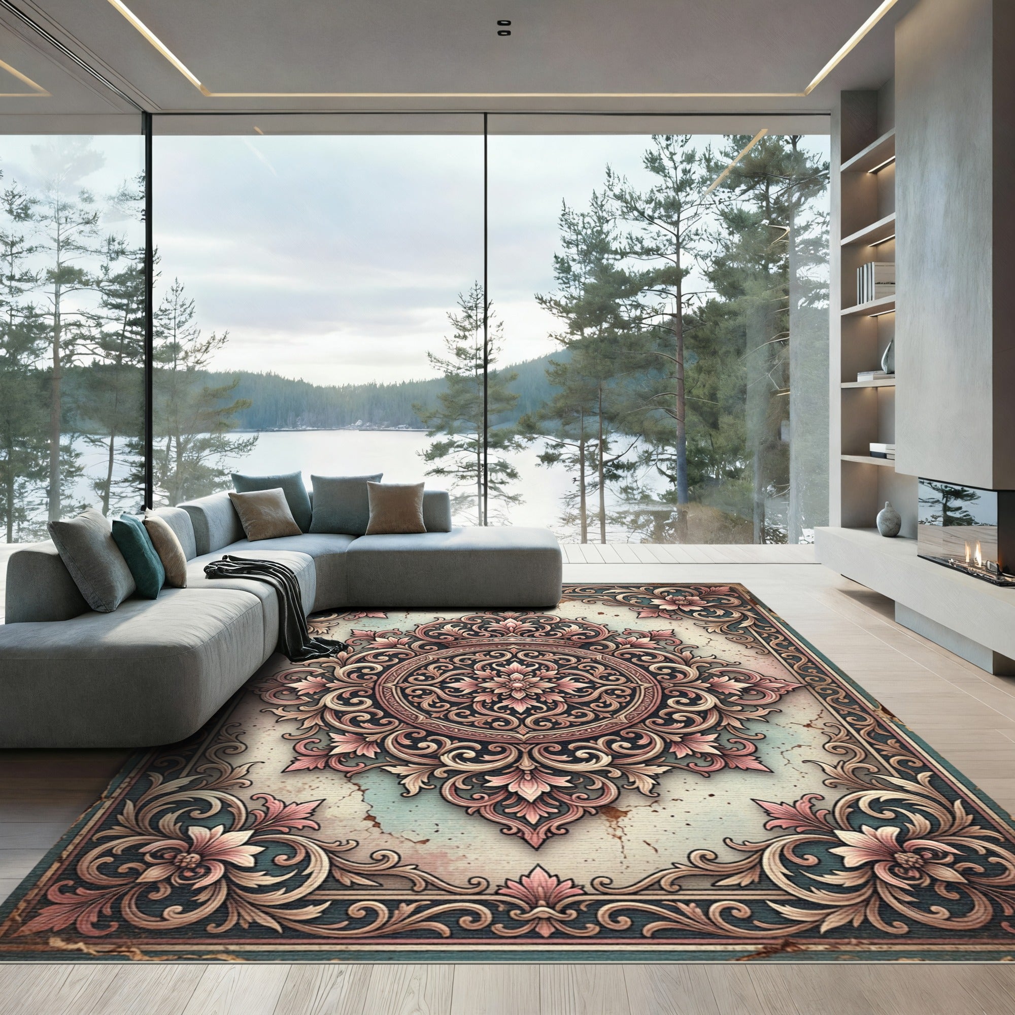Antique Pink Floral Scroll Medallion Rug