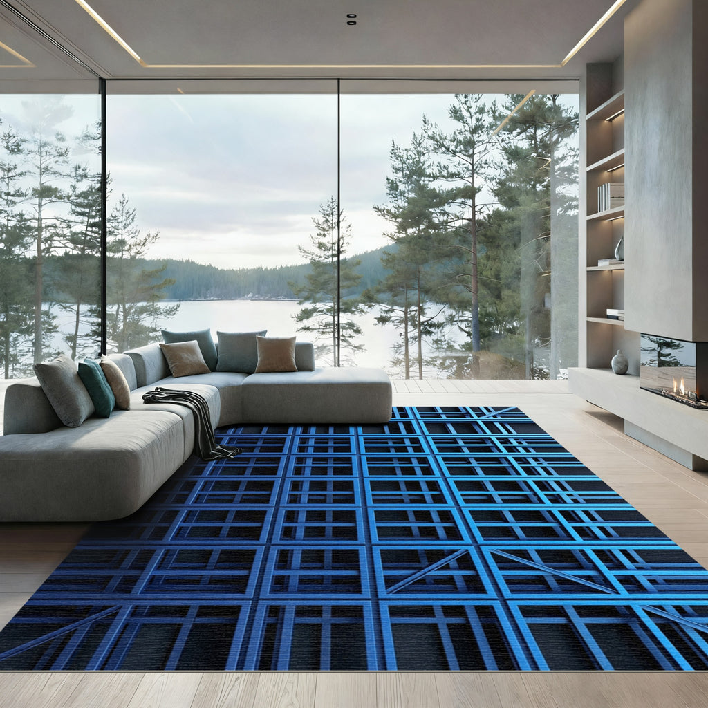 Bright Blue Geometric Shadow Grid Rug