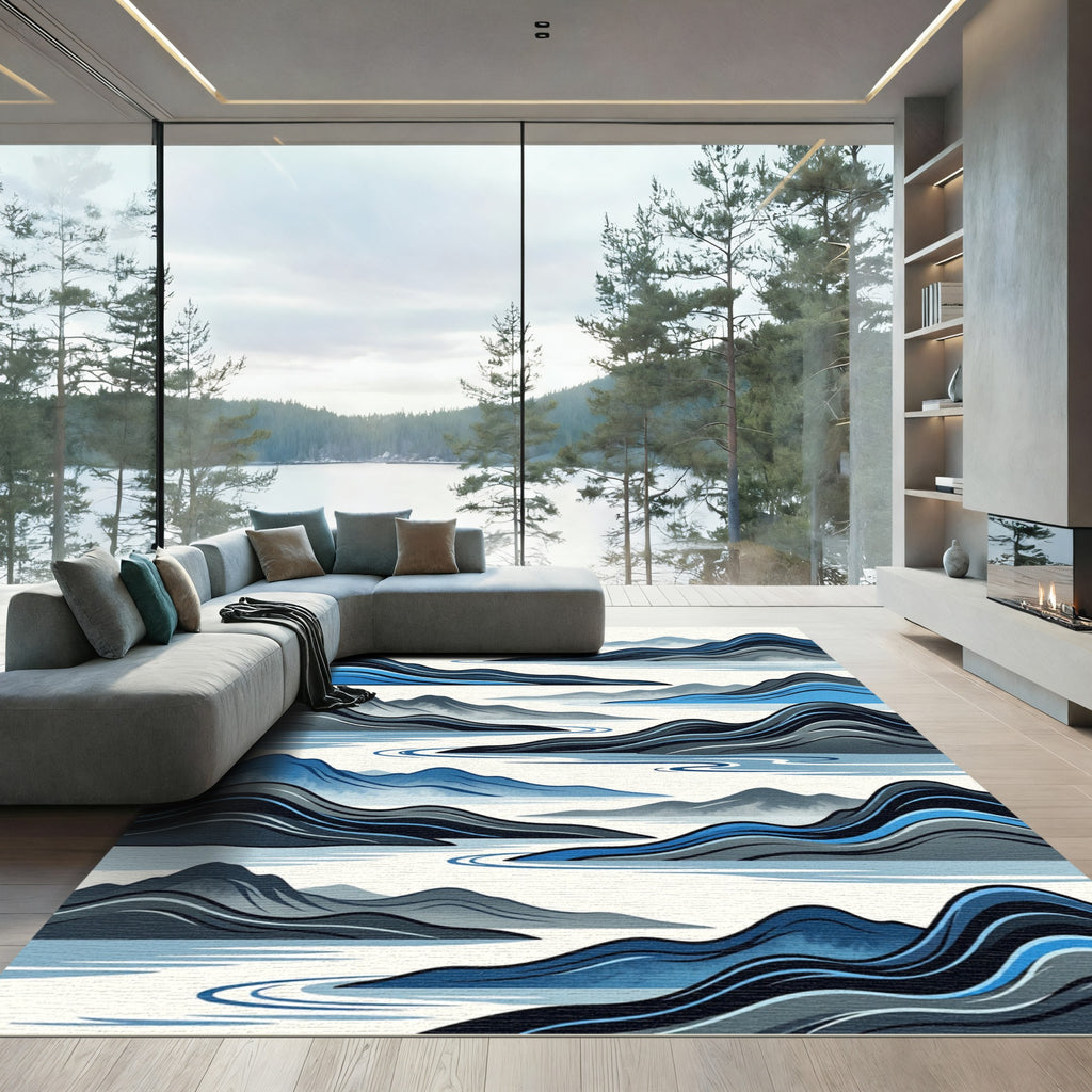 Blue Misty Mountain River Abstract Rug