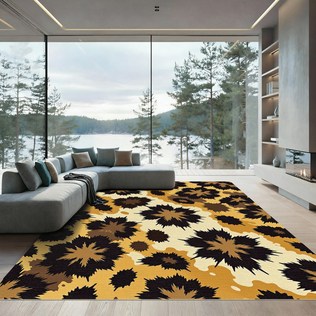 Golden Brown Spiky Floral Camo Rug