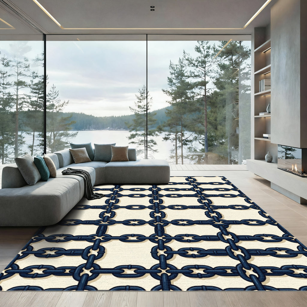 Dark Blue Interlocking Chain Lattice Rug