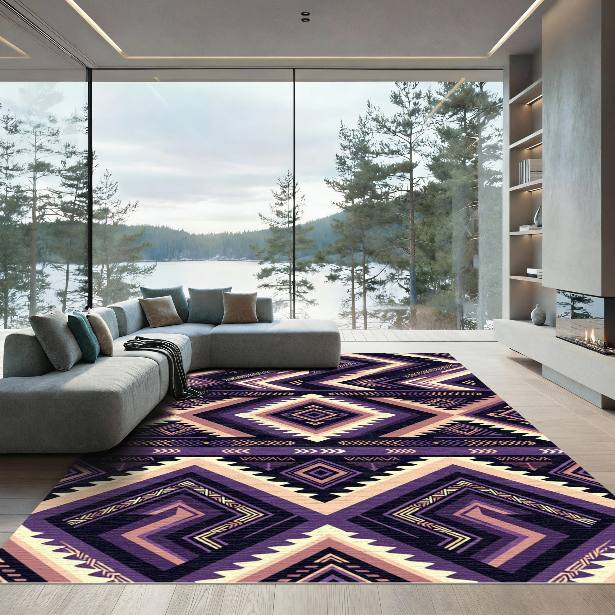 Purple Beige Geometric Diamond Tribal Rug