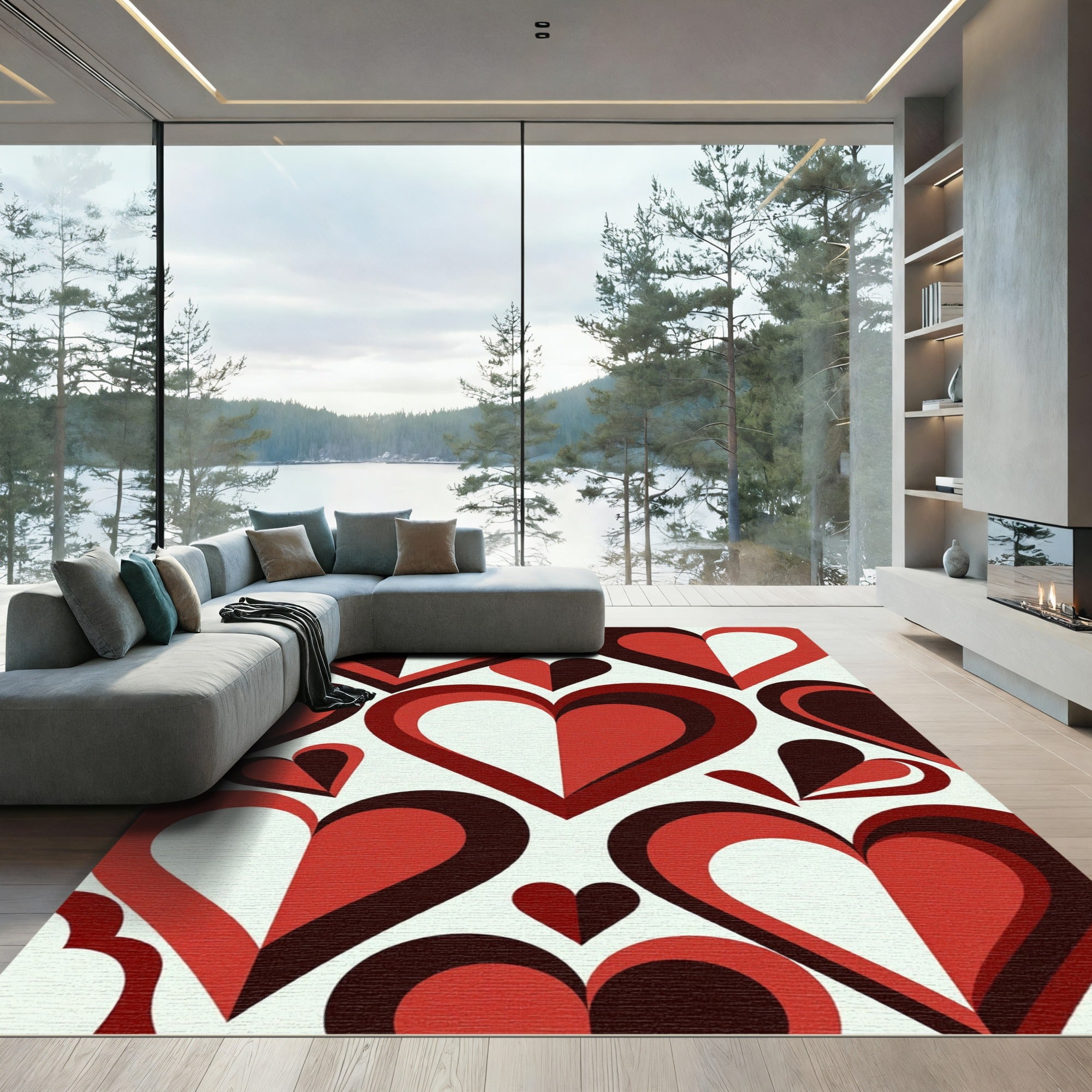 Bold Geometric Red Heart Mosaic Rug