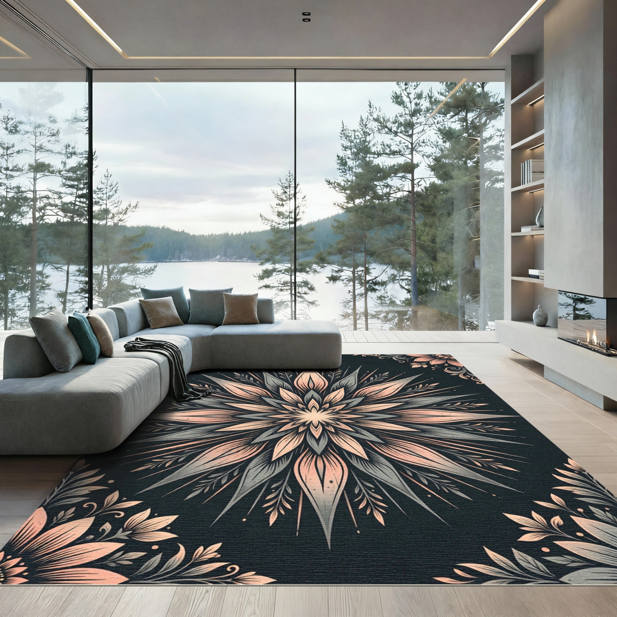 Peach Gray Starburst Floral Mandala Rug