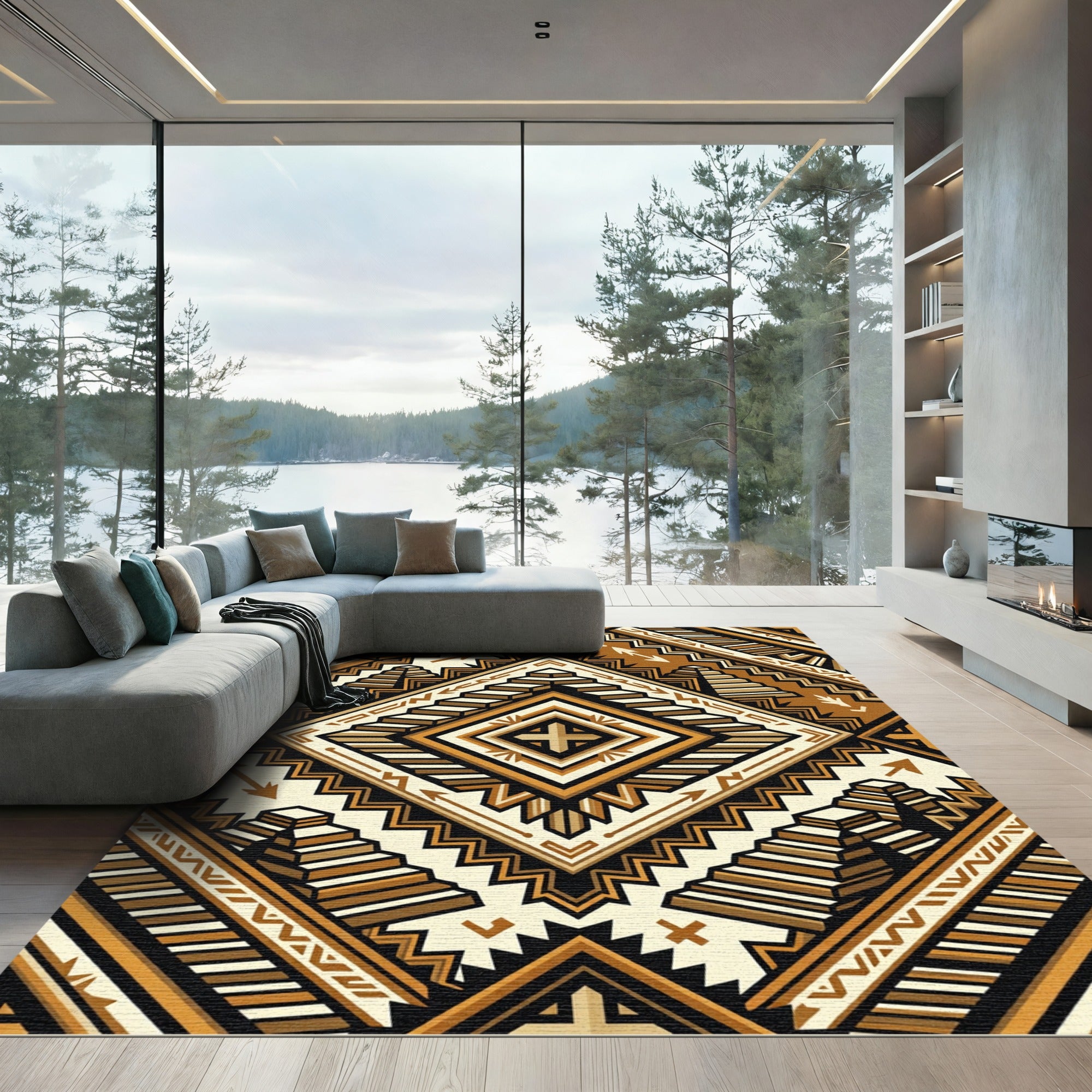 Amber Geometric Step Ziggurat Area Overlay Rug
