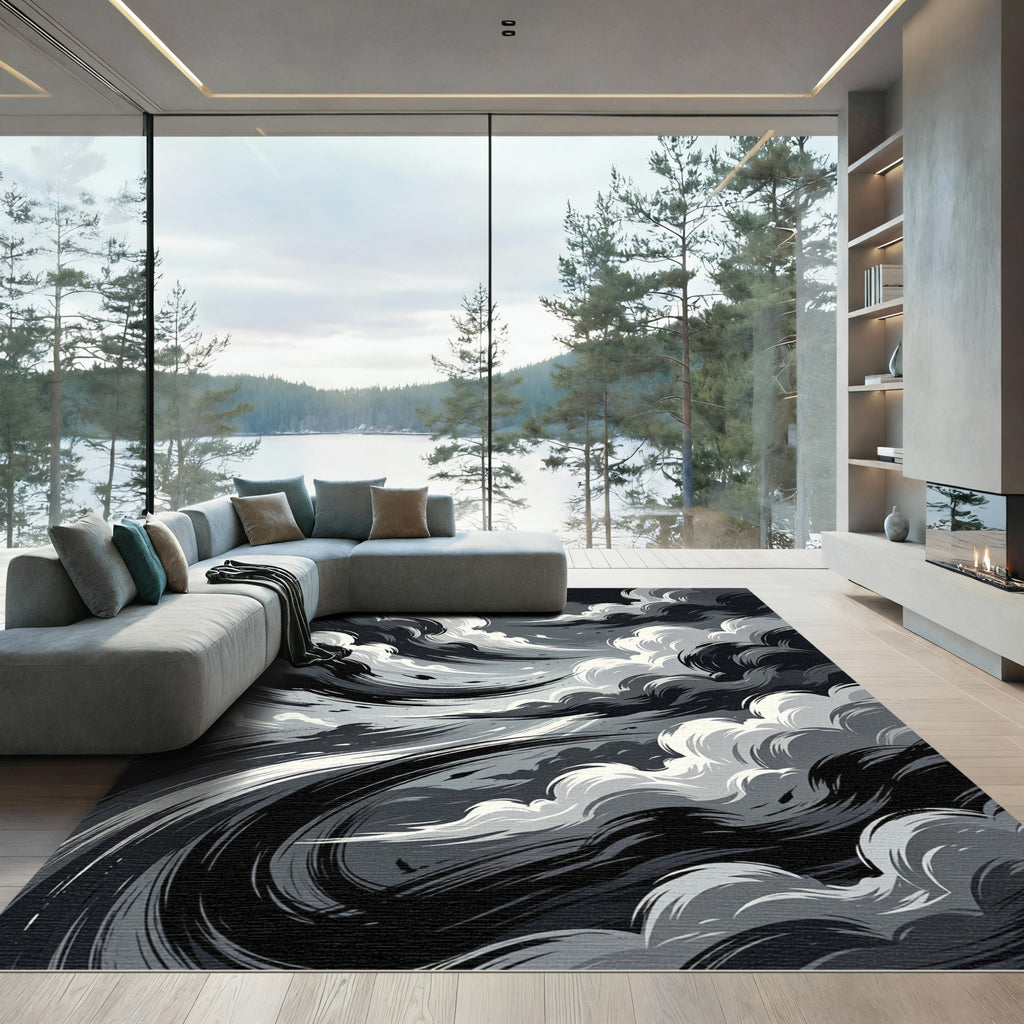 Monochrome Abstract Storm Swirl Rug