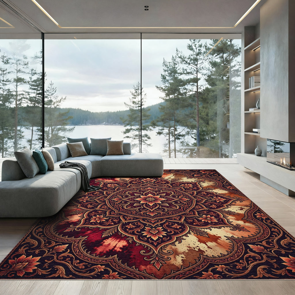Rich Burgundy Floral Medallion Tie Dye Rug