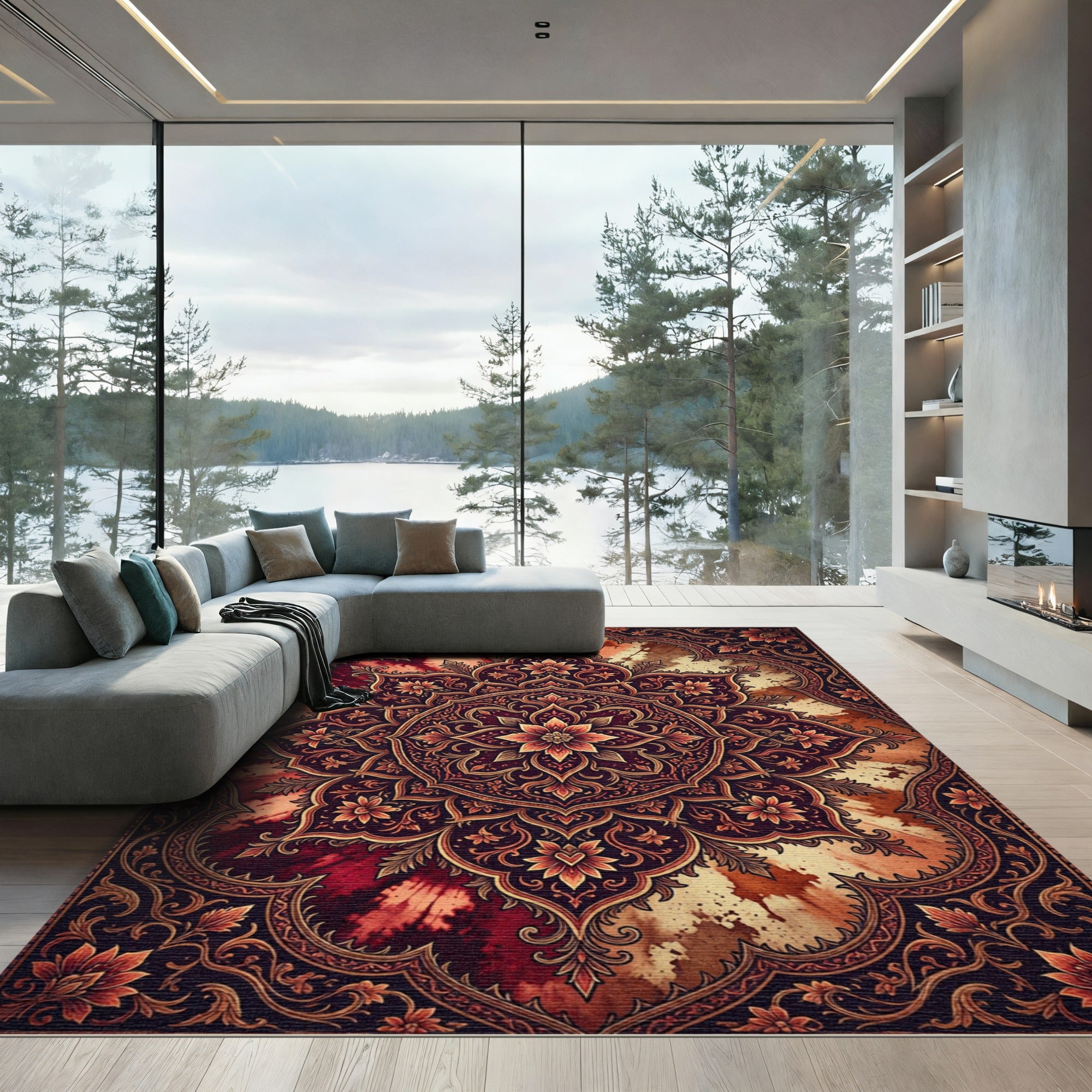 Rich Burgundy Floral Medallion Tie Dye Rug