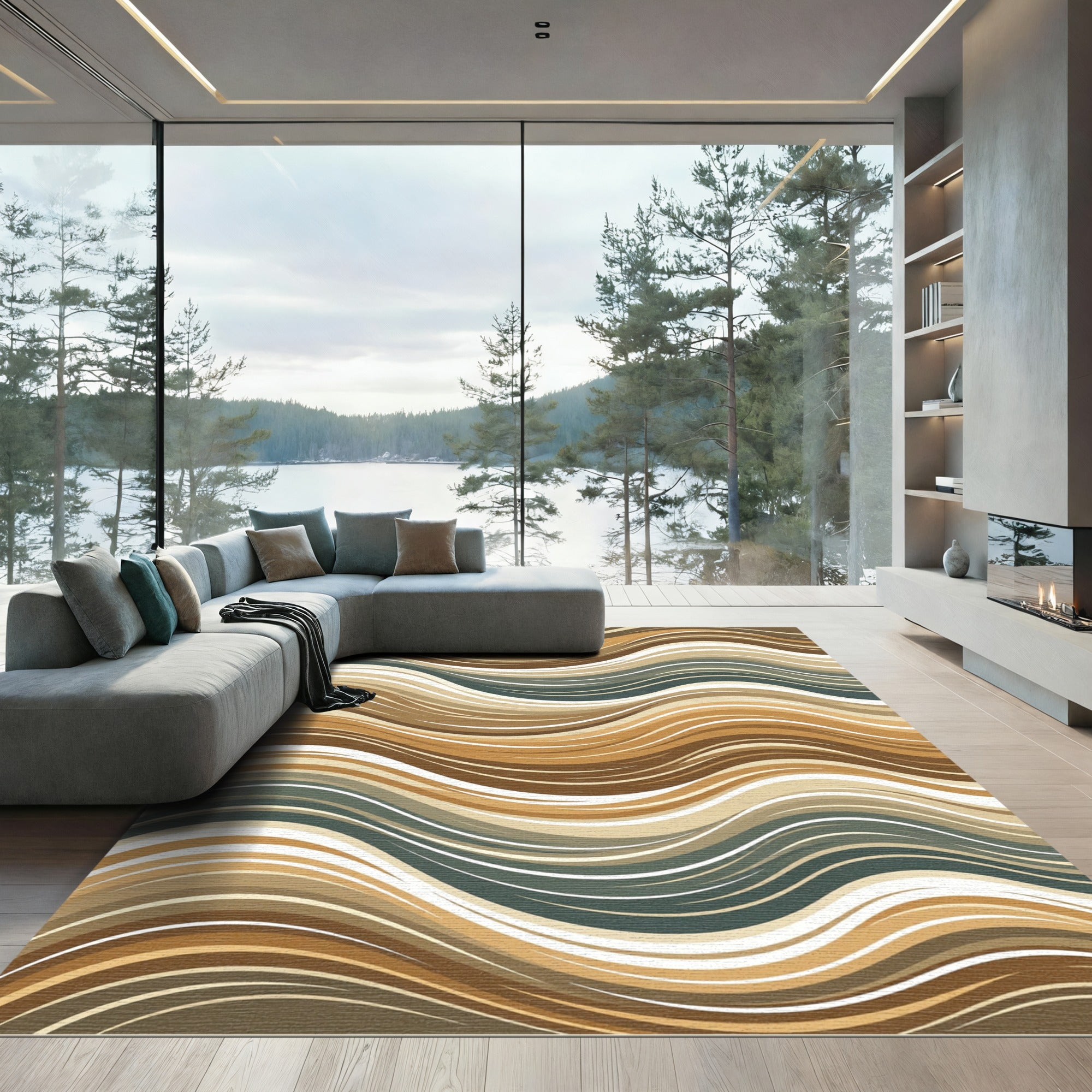 Contemporary Earth Tone Abstract Wave Rug