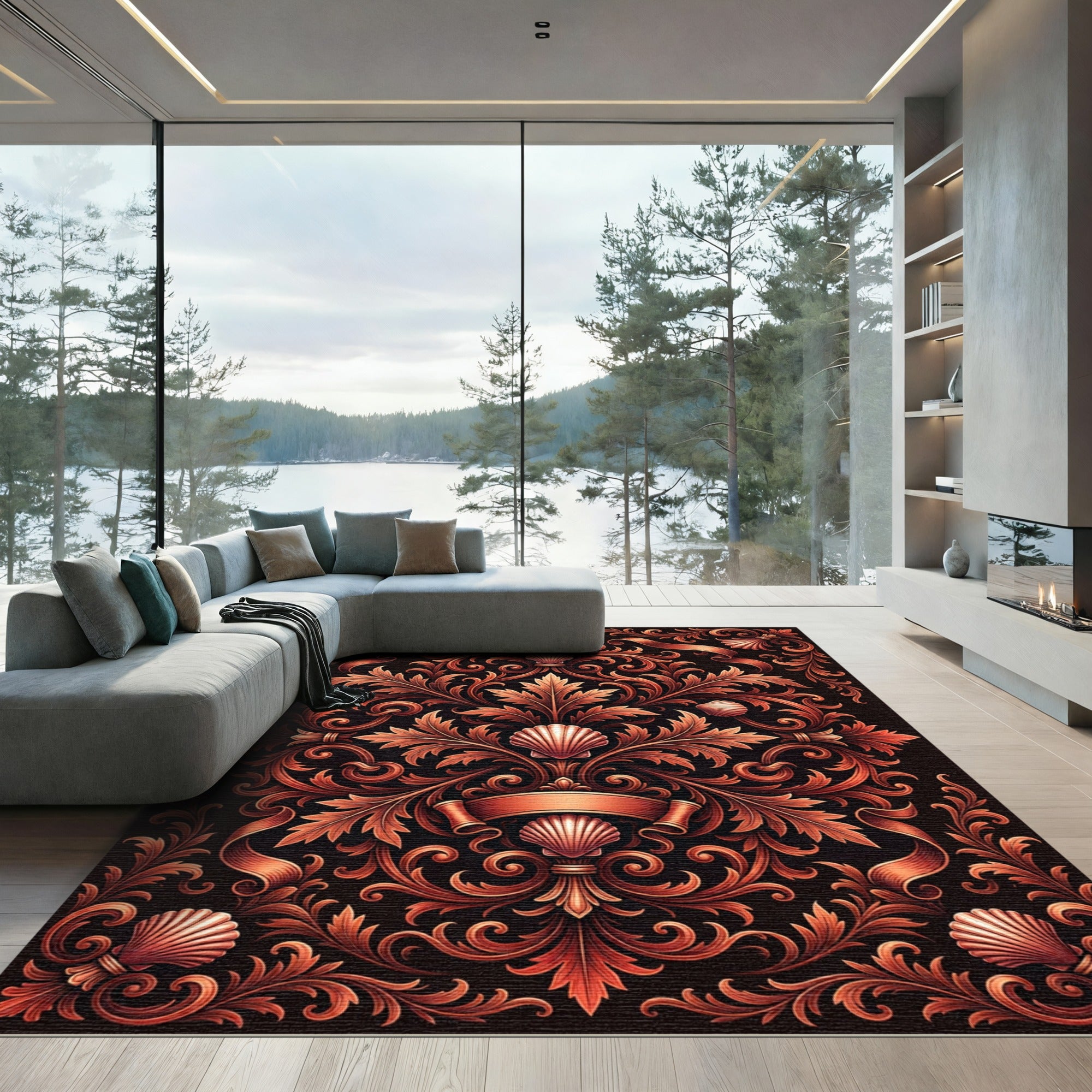 Copper Floral Scroll Shell Ornament Rug