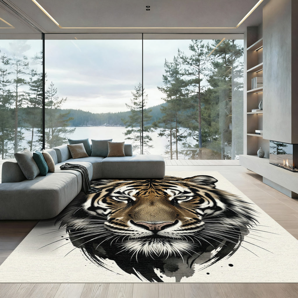 Bold Tiger Face Abstract Watercolor Rug
