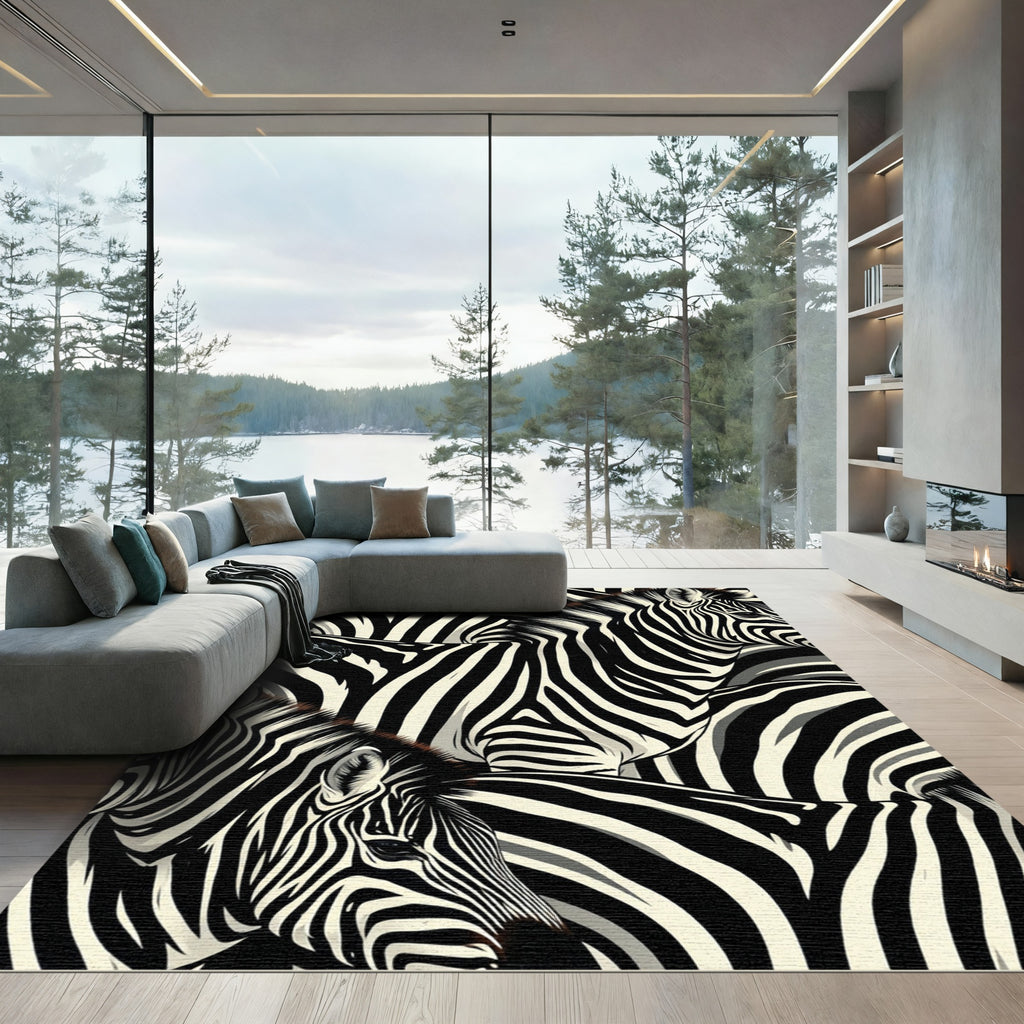 Bold Black White Zebra Stripe Mosaic Rug