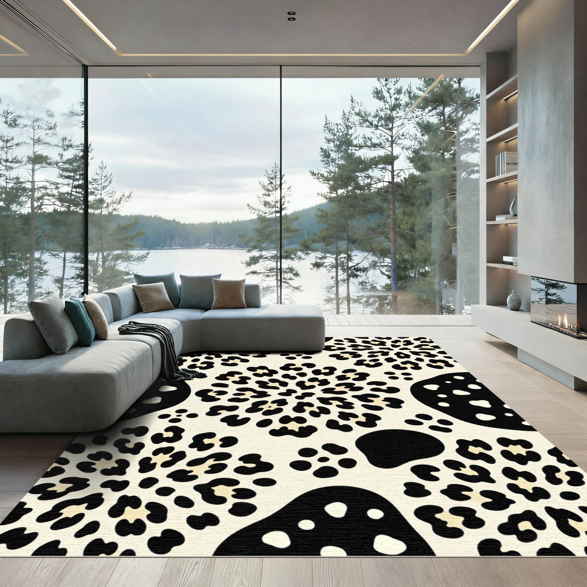 Bold Leopard Abstract Floral Cream Rug