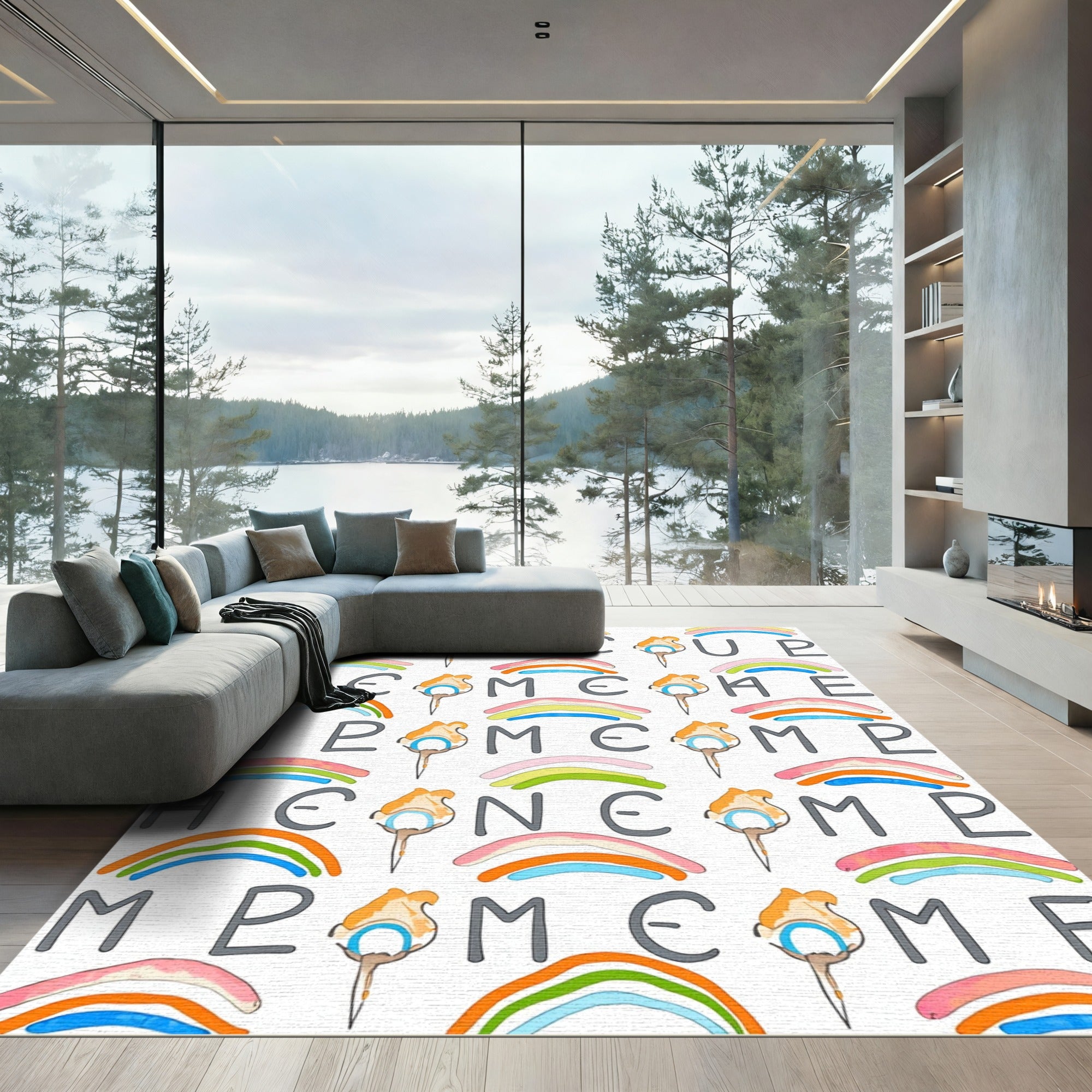 Watercolor Rainbow And Letter Mix Textile Rug