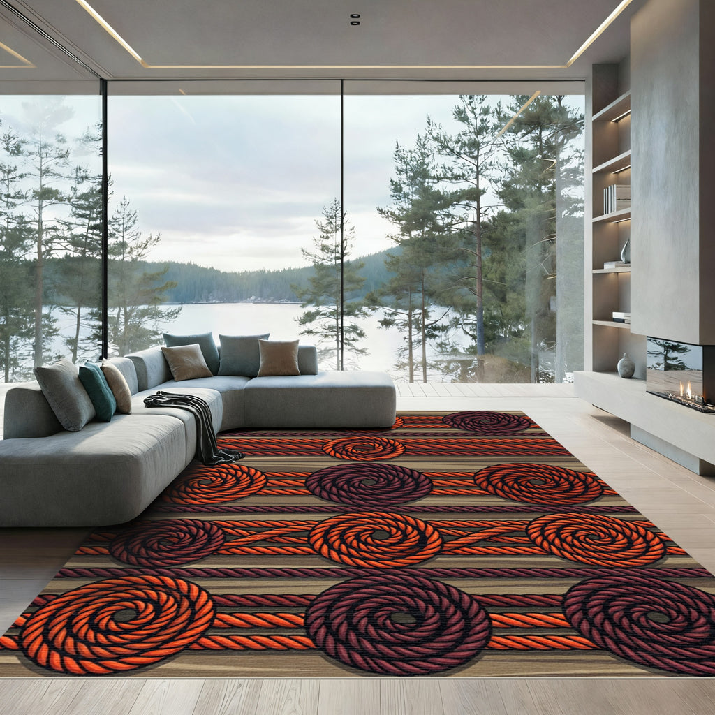 Orange Brown Spiral Rope Medallion Rug
