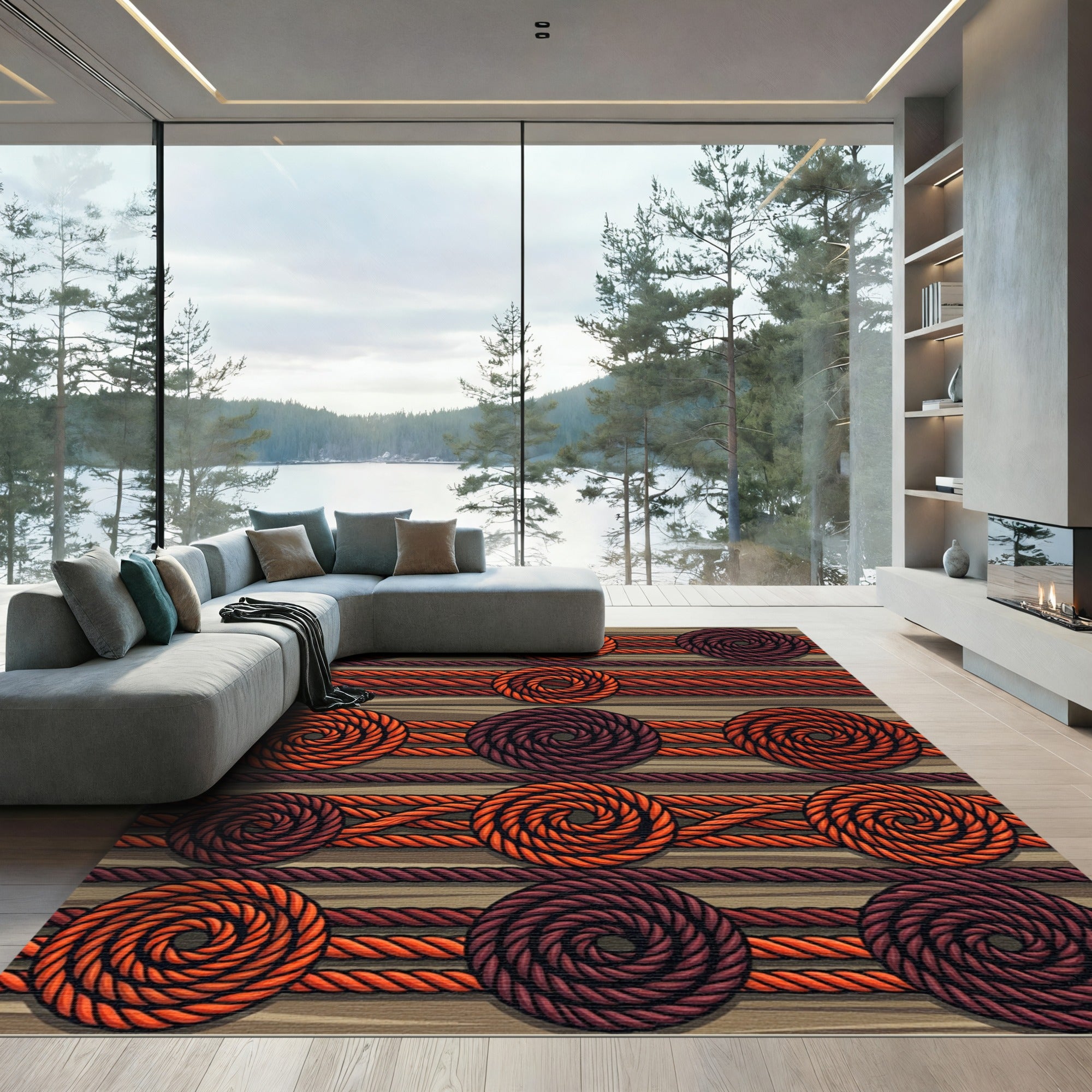 Orange Brown Spiral Rope Medallion Rug