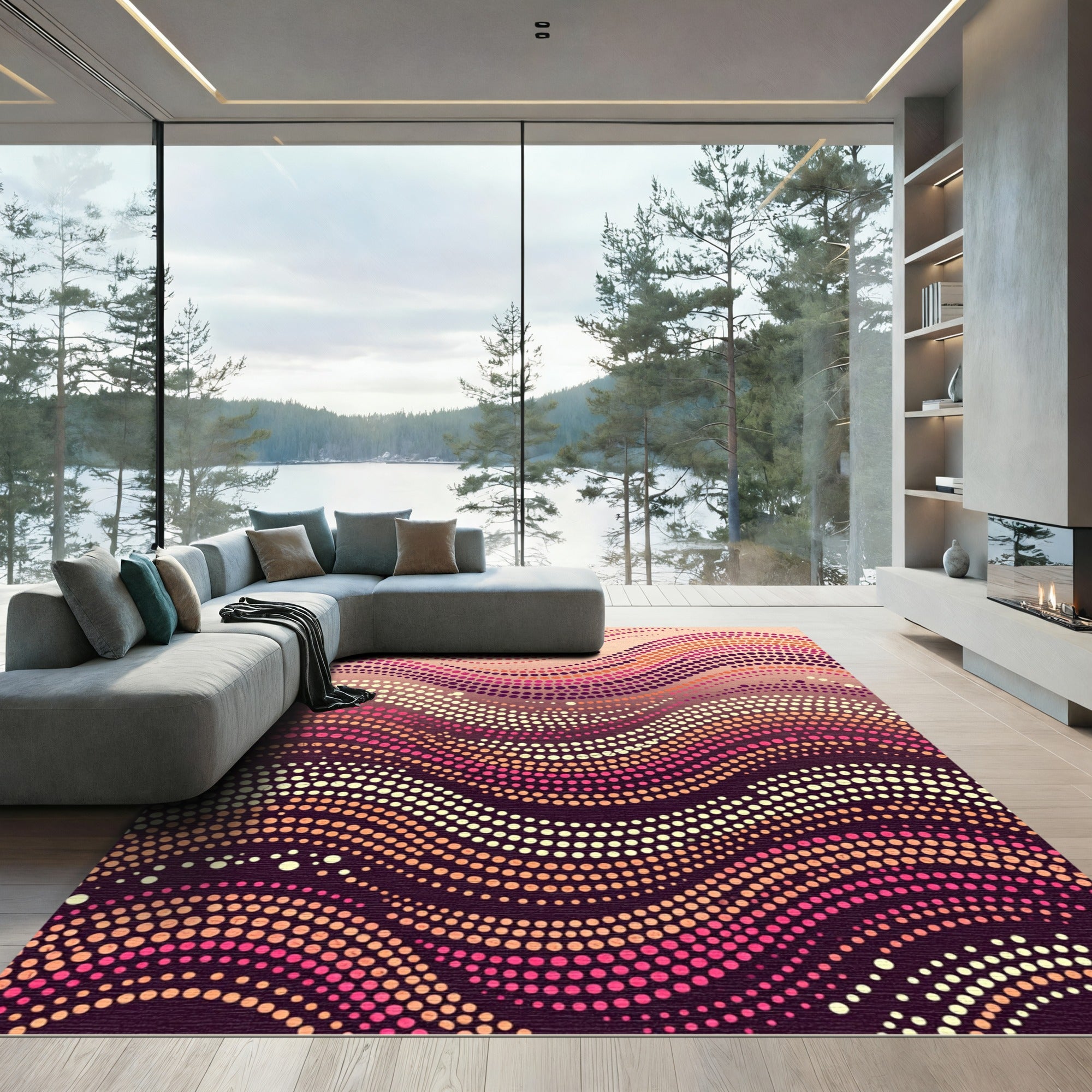 Crimson Pink Dot Wave Composition Rug