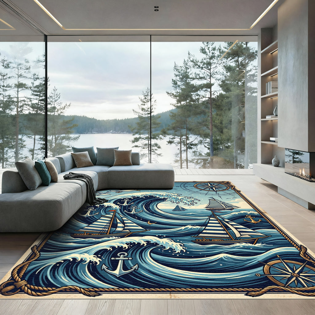 Nautical Compass Blue Wave Sailboat Art Rug
