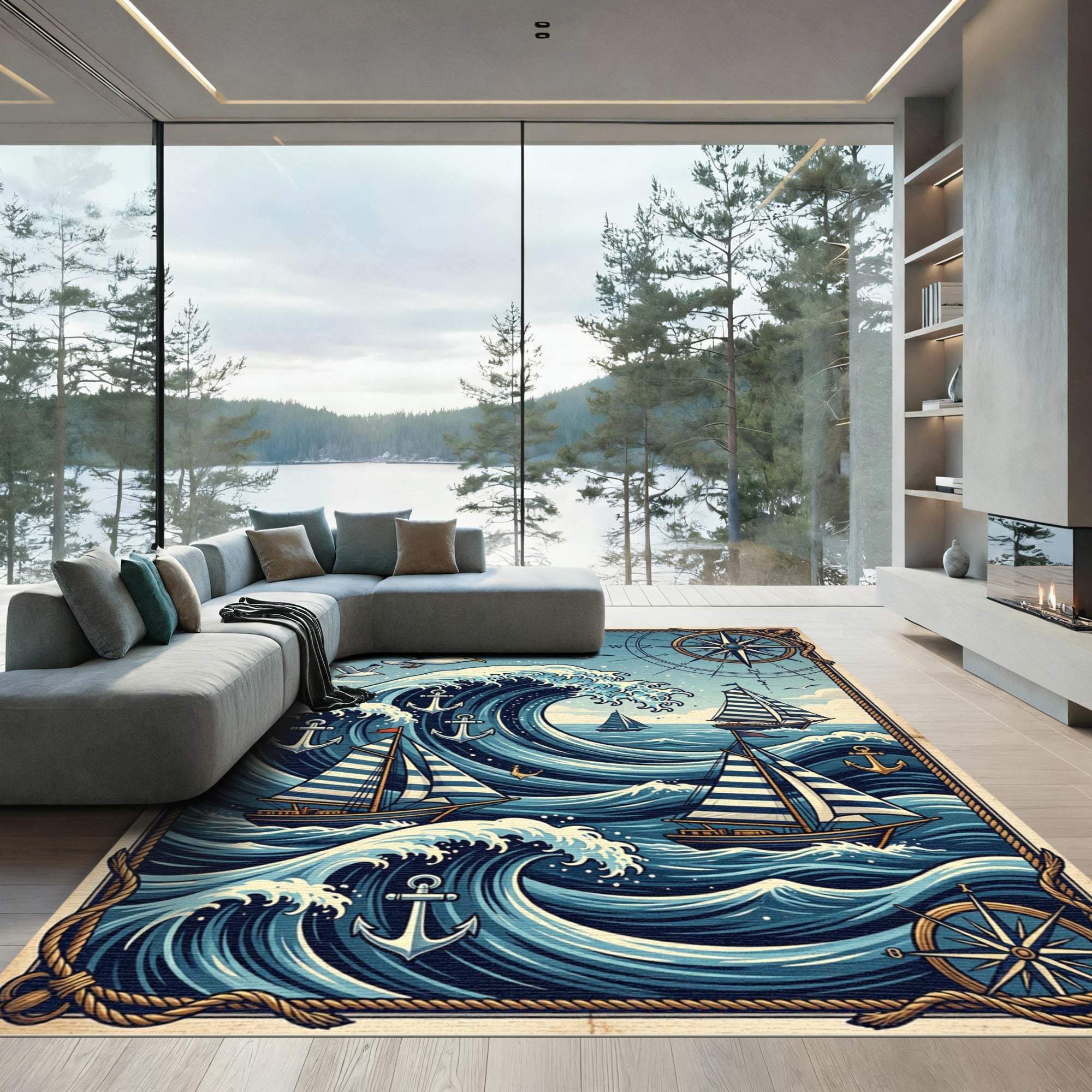 Nautical Compass Blue Wave Sailboat Art Rug