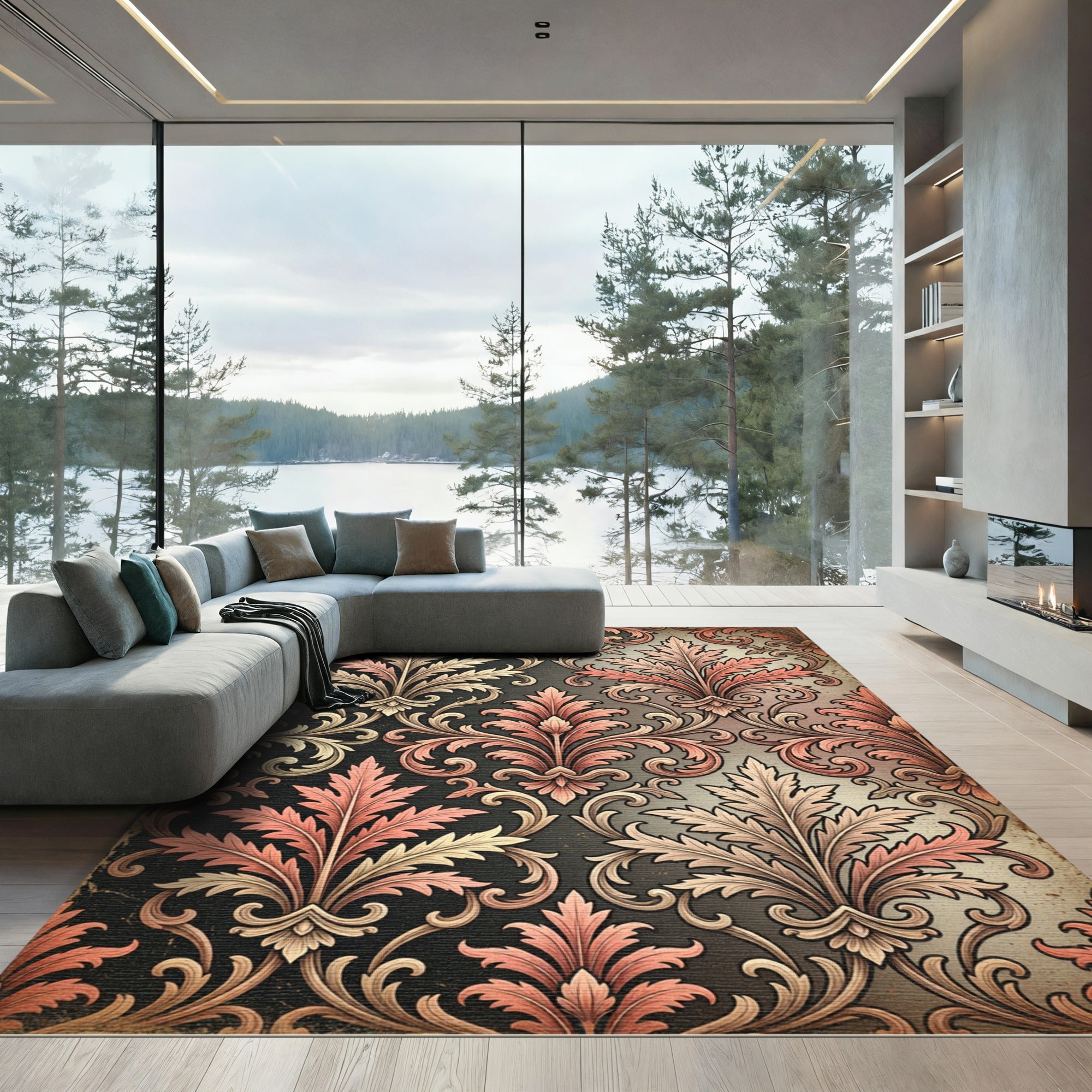 Elegant Pink Acanthus Leaf Damask Rug