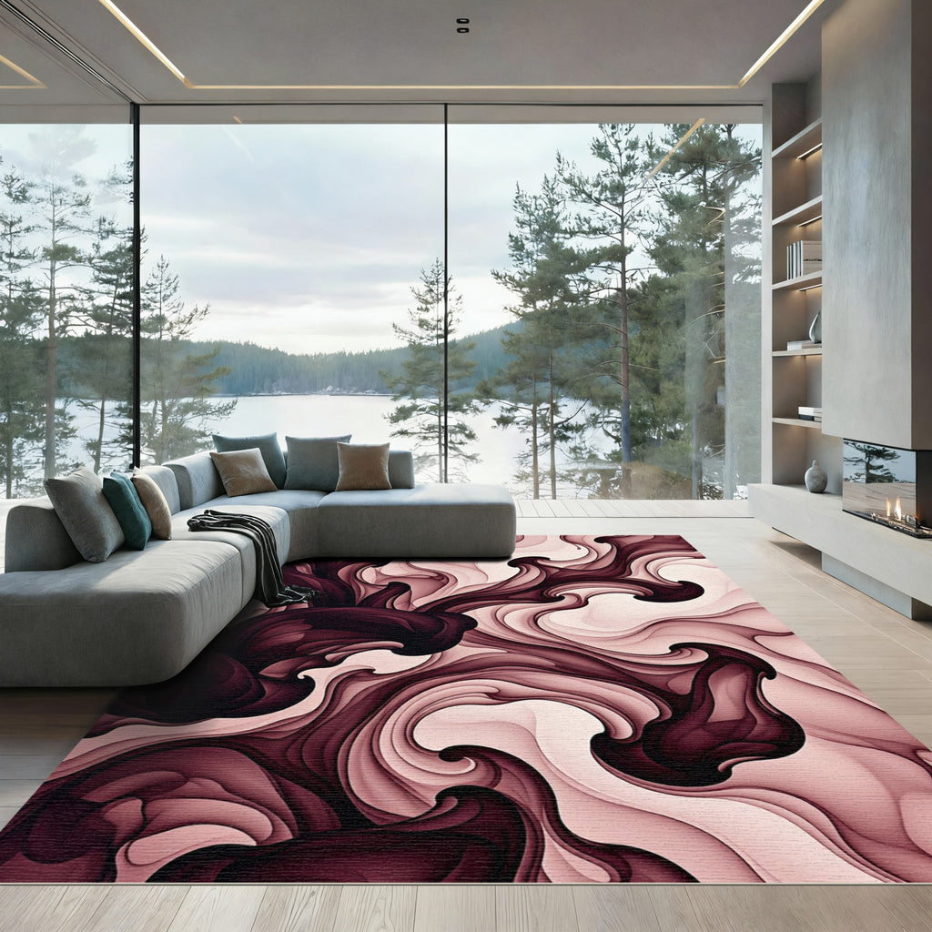 Ethereal Burgundy Abstract Liquid Swirl Rug