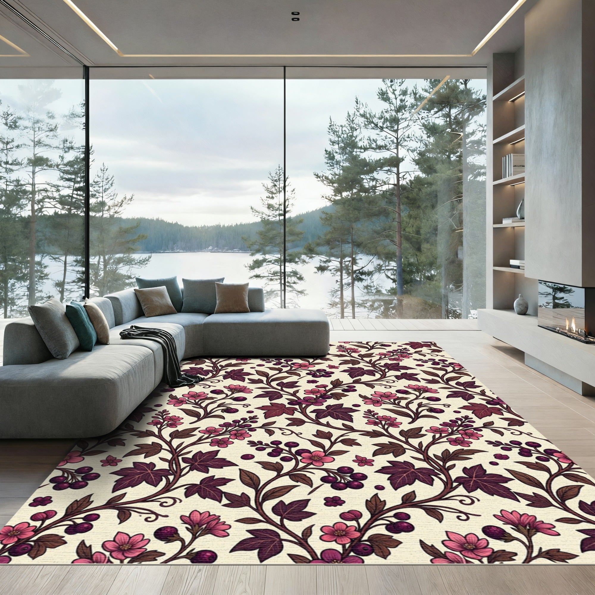 Dark Plum Floral Berry Botanical Tapestry Rug