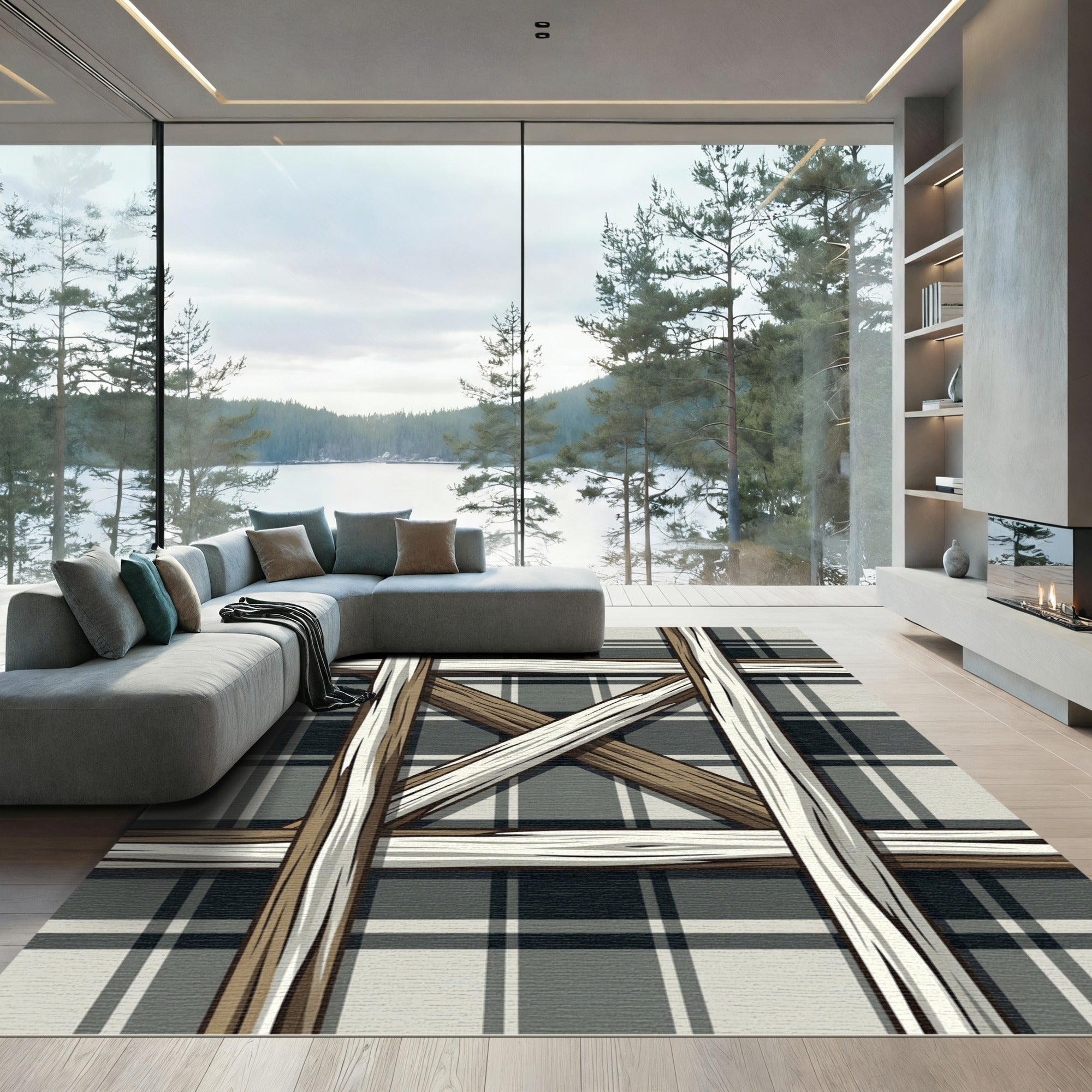 Rustic Black White Plaid Crisscross Rug