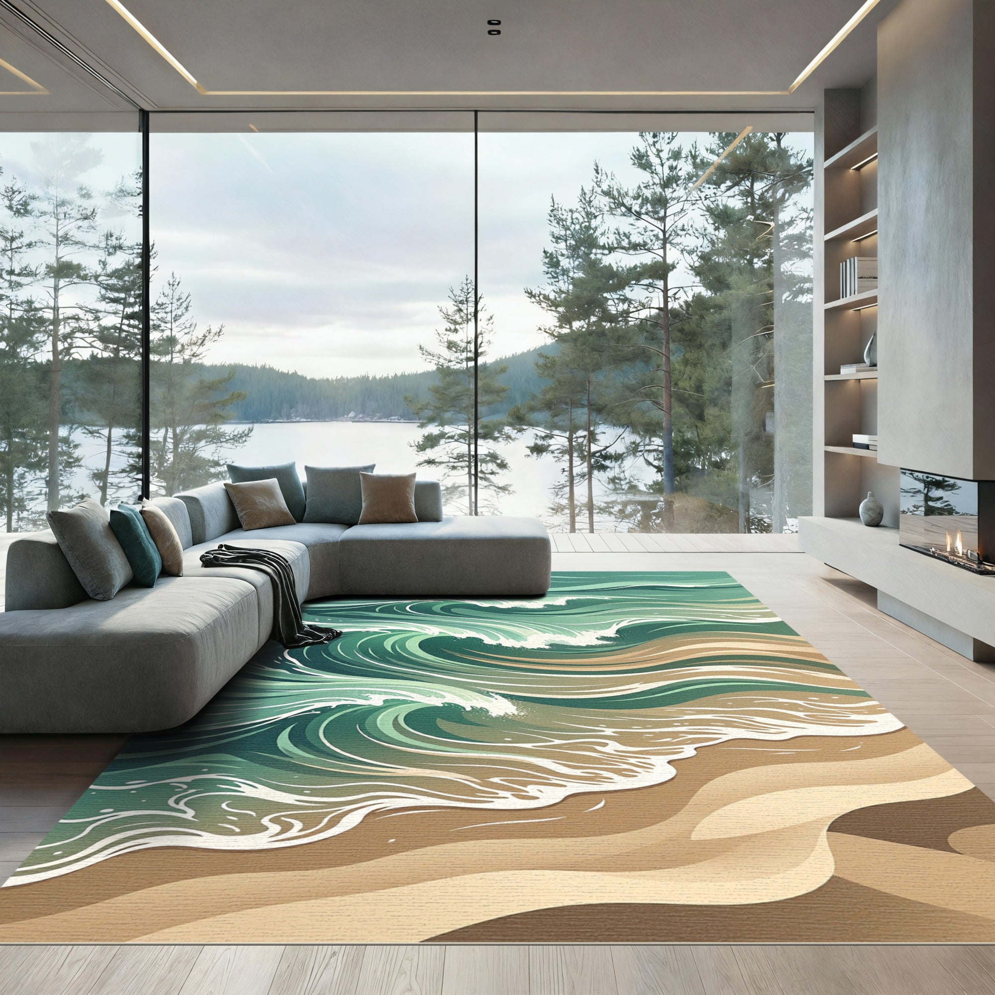 Abstract Teal Coastal Ocean Wave Rug