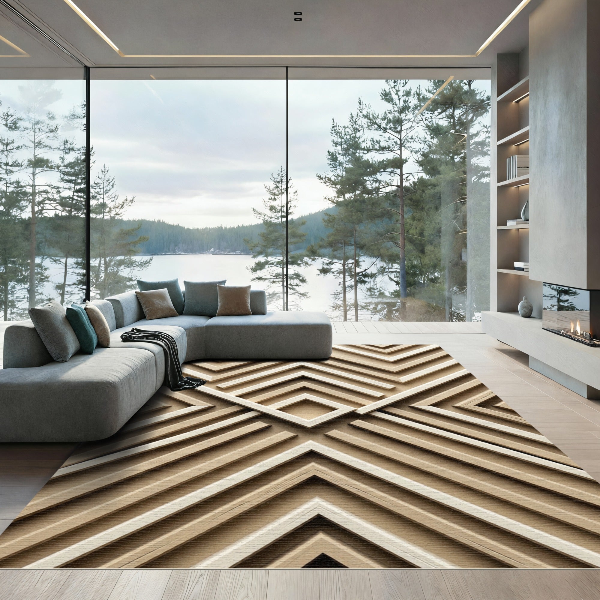 Neutral Wood Grain Chevron Geometric Rug