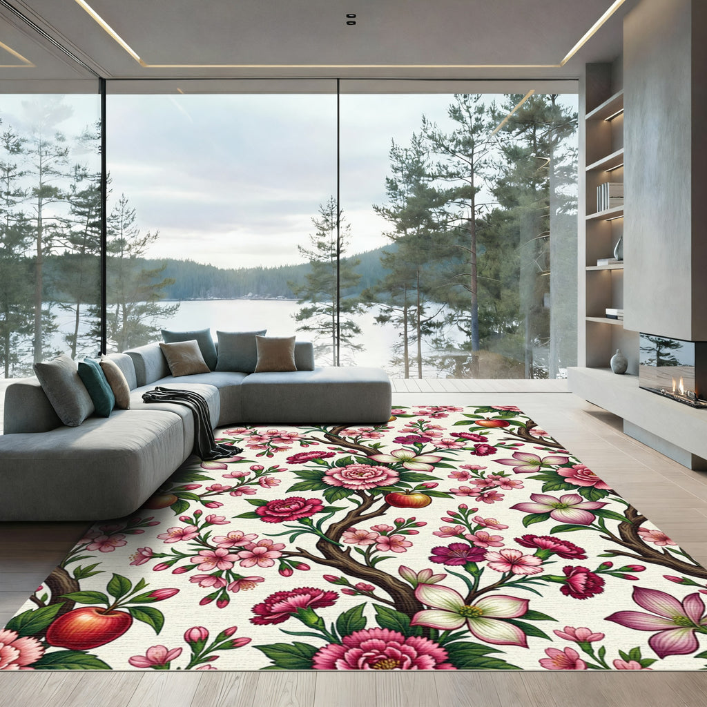 Botanical Apple Blossom and Peony Wallpaper Rug