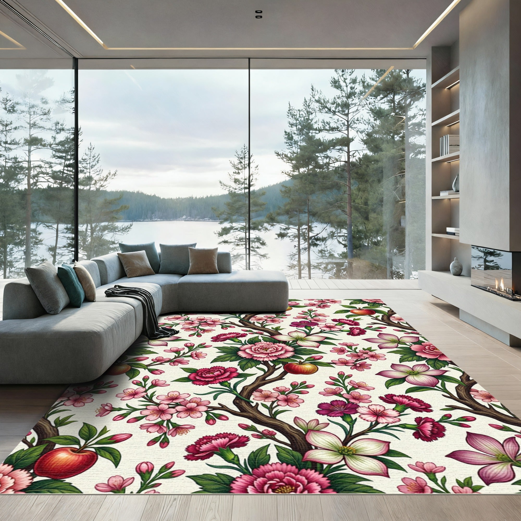 Botanical Apple Blossom and Peony Wallpaper Rug