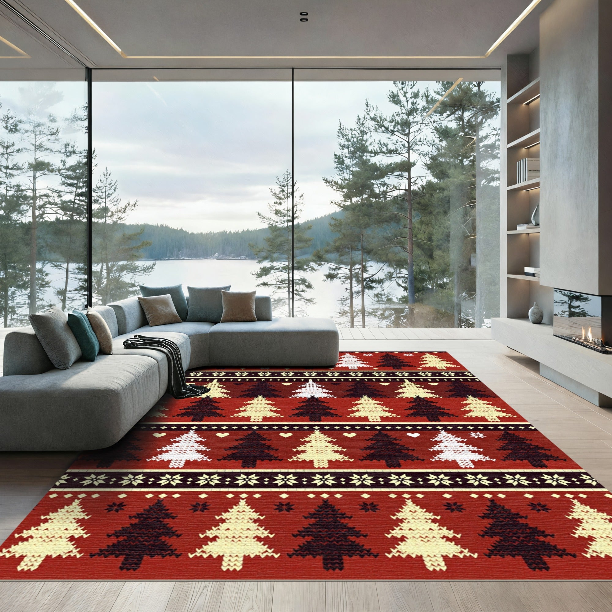 Red Cream Black Fair Isle Trees Rug