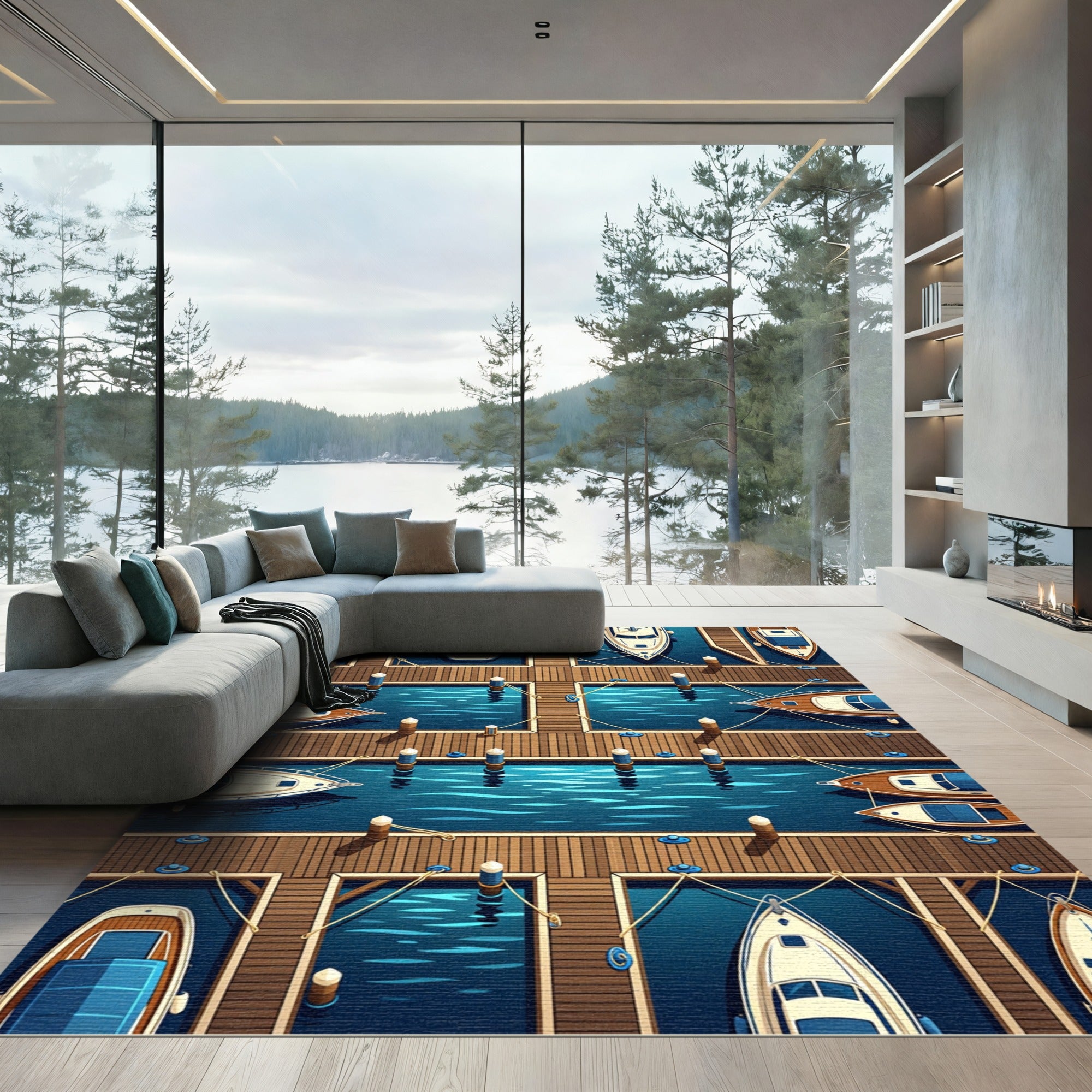 Aerial Blue Nautical Marina Mooring Rug