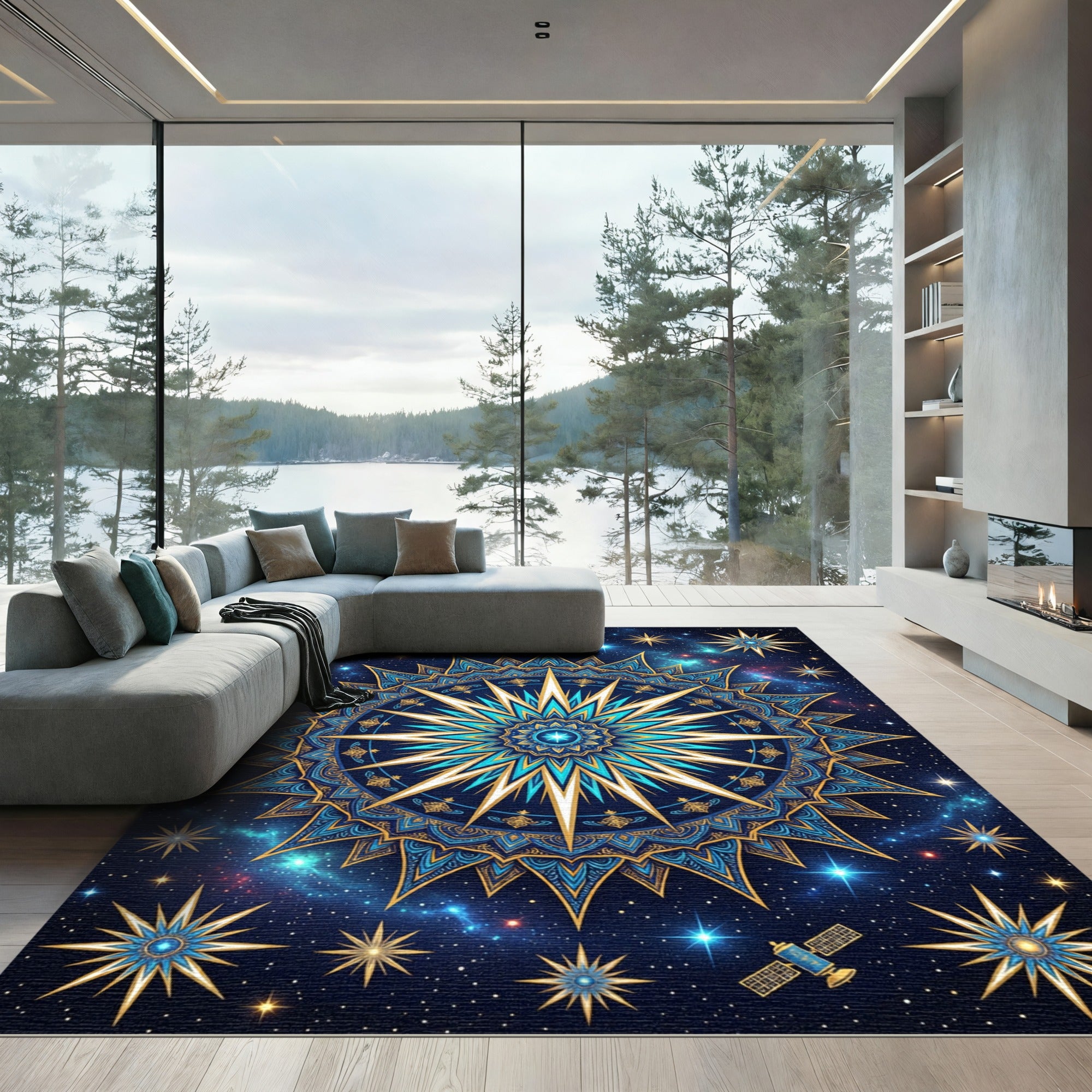 Celestial Gold Starry Blue Mandala Rug