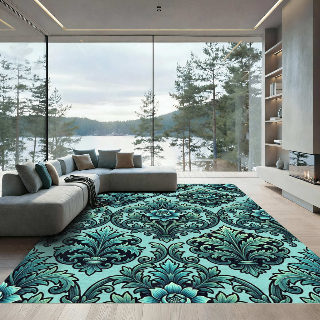 Elegant Teal Damask Floral Filigree Rug