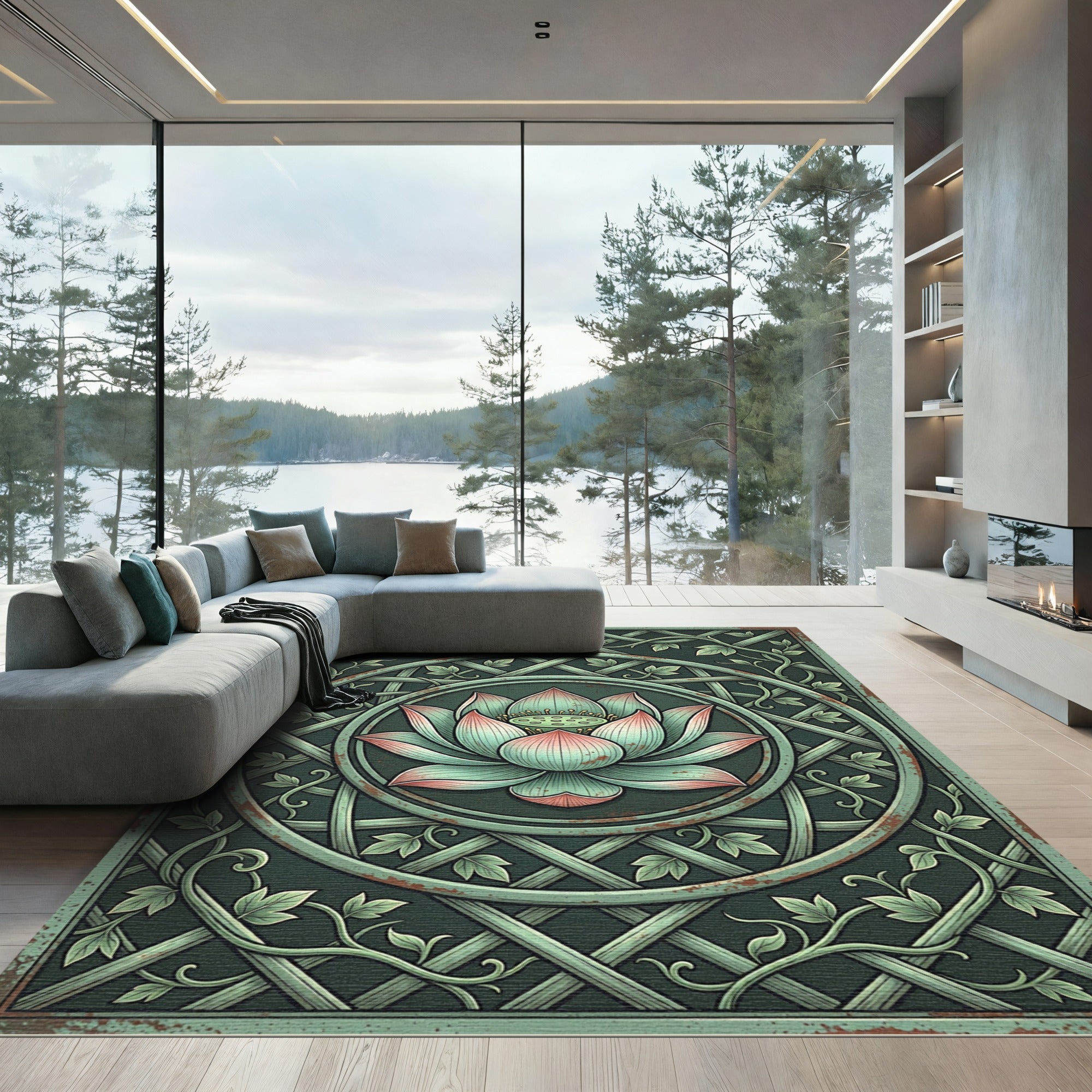 Vintage Sage Green Lotus Lattice Medallion Rug