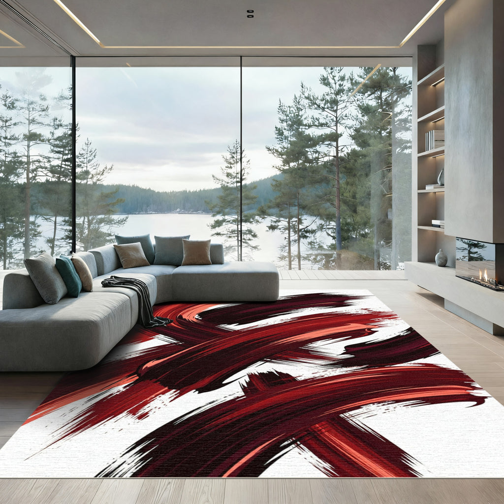 Bold Red Brush Stroke Abstraction Rug