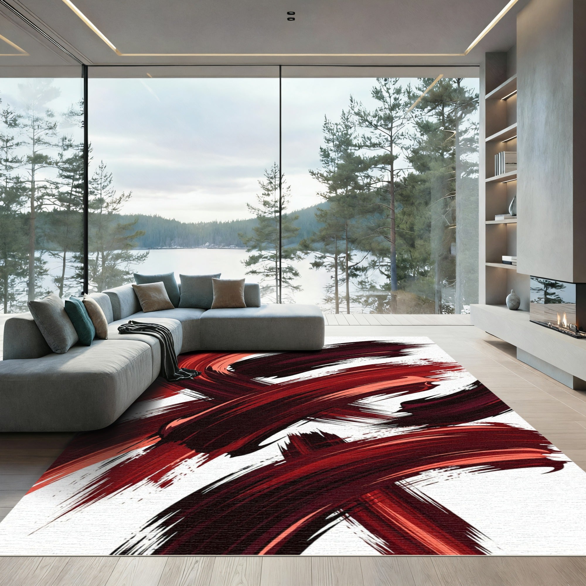 Bold Red Brush Stroke Abstraction Rug