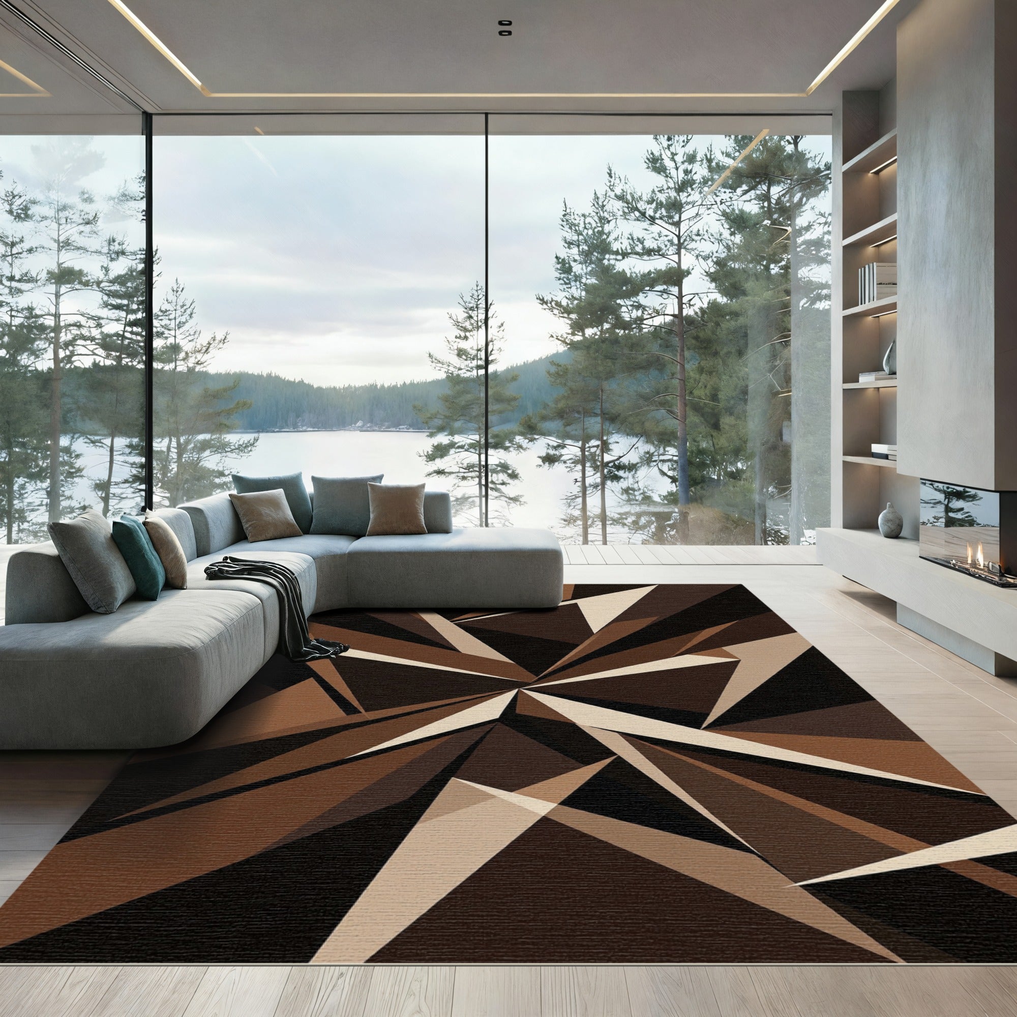 Modern Brown Geometric Angular Abstract Rug