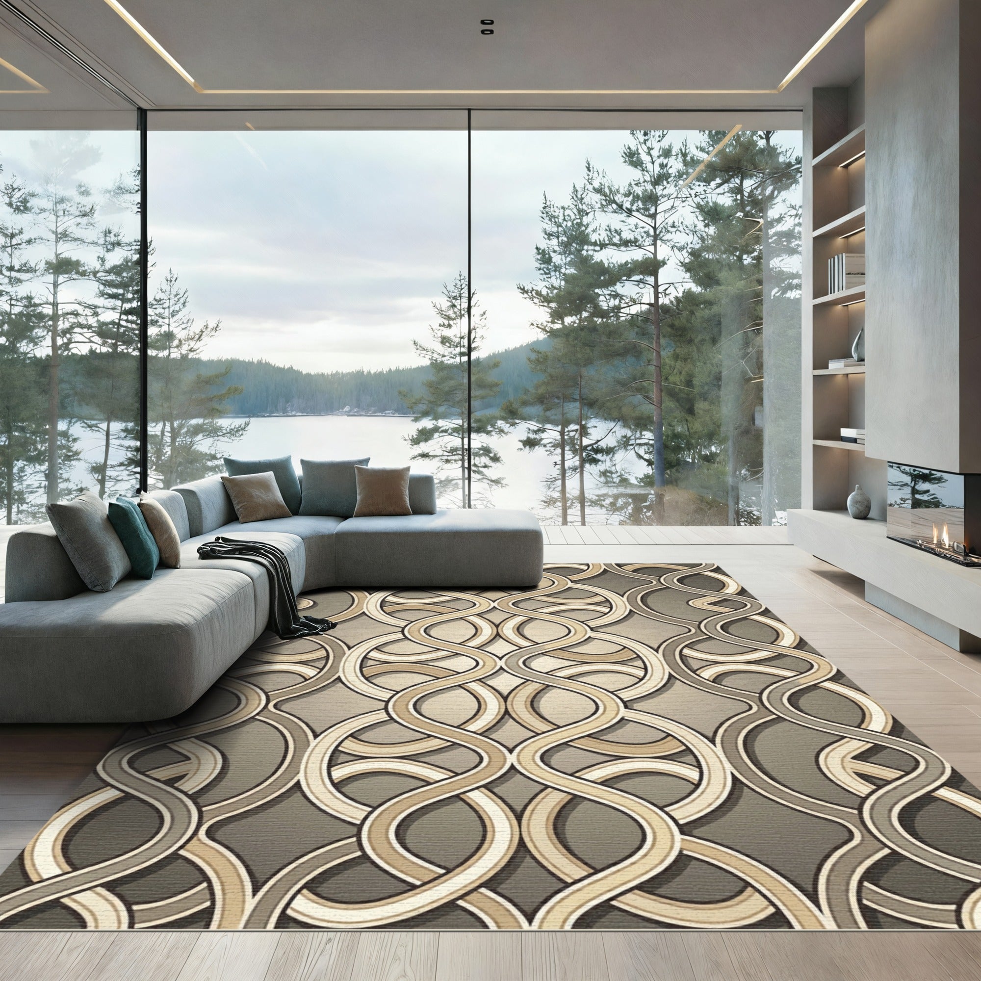 Elegant Taupe Linked Wavy Geometric Rug